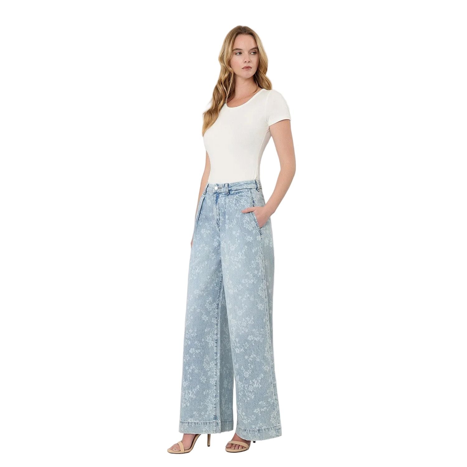 Women's Flying Monkey Super High Rise Floral Print Pleated Wide Leg Jean F9160SFP
