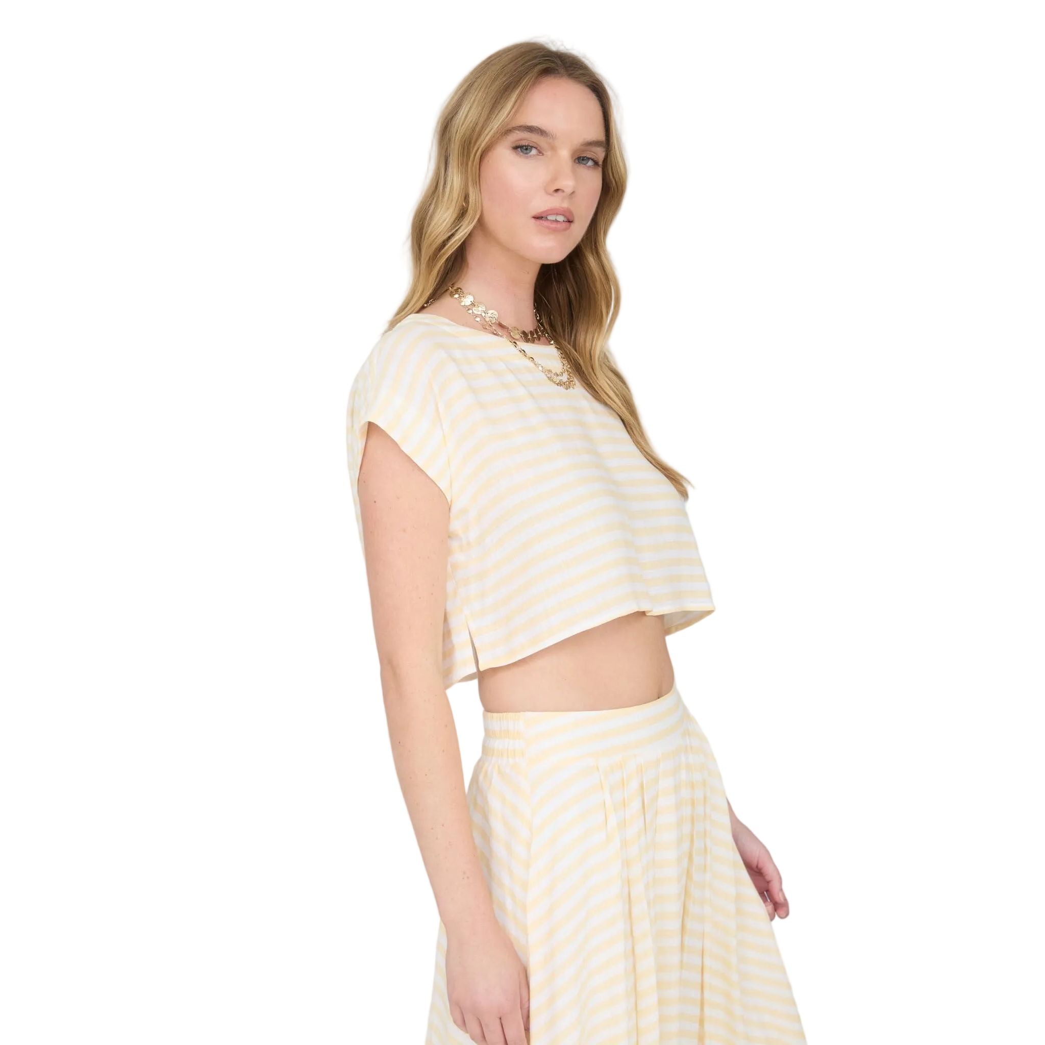 Women's Blu Pepper Butter Yellow Stripe Boat Neck Boxy Crop Top B5SX1001-T