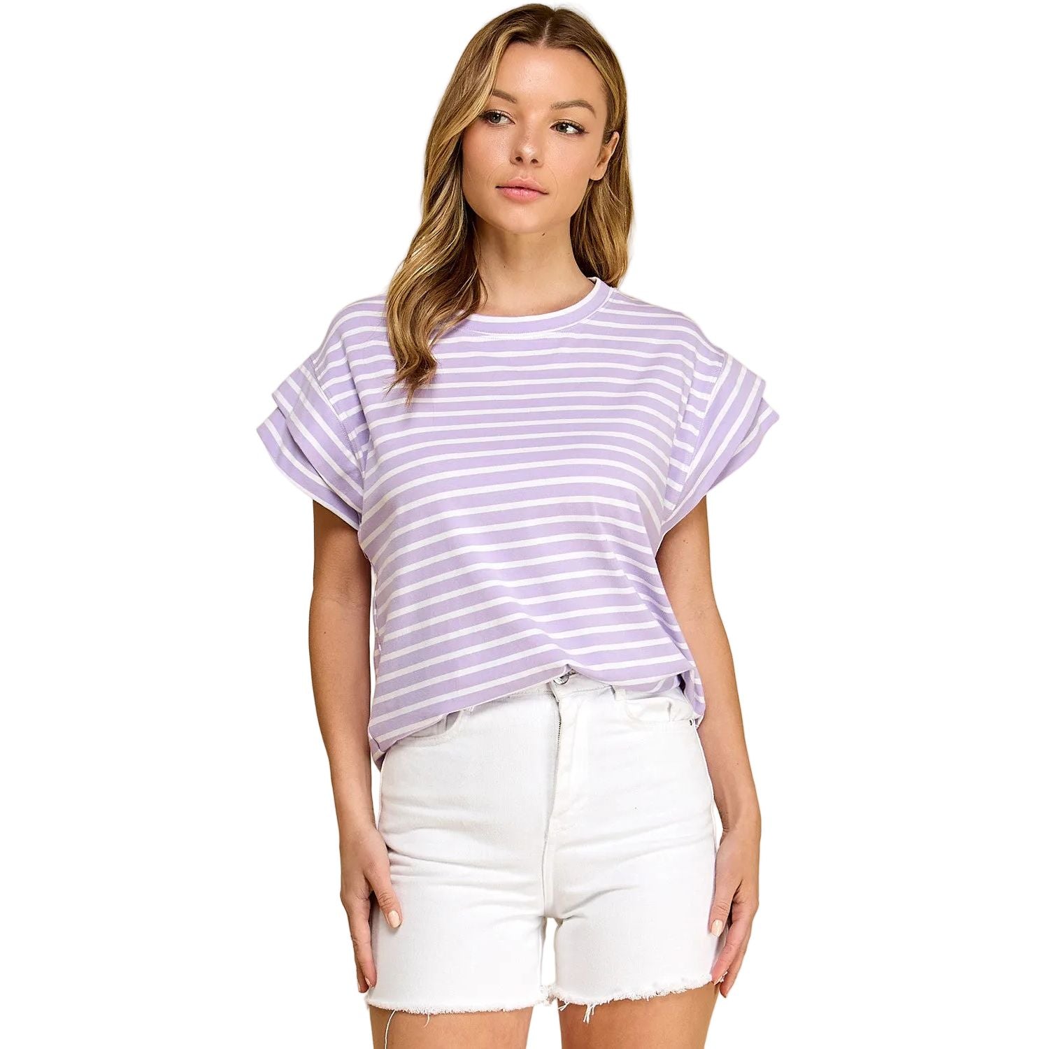 Women's Les Amis Striped Rolled Sleeve Knit Top T1827-A