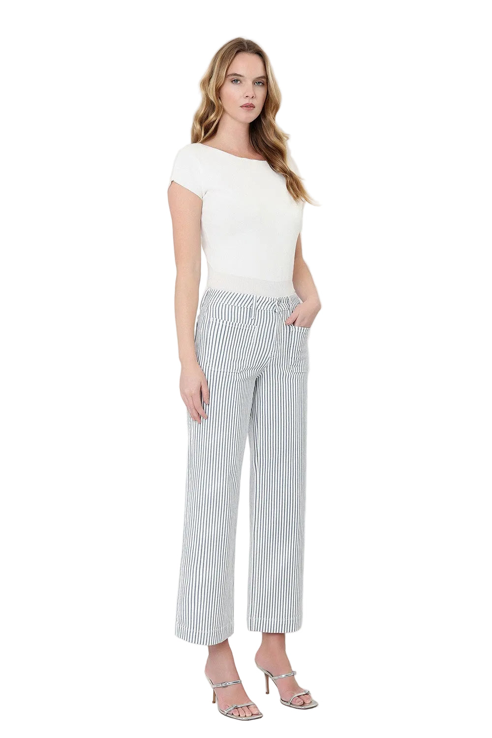 Vervet Women's High Rise Patch Pocket Crop Striped Wide Leg Jeans LV2292STR