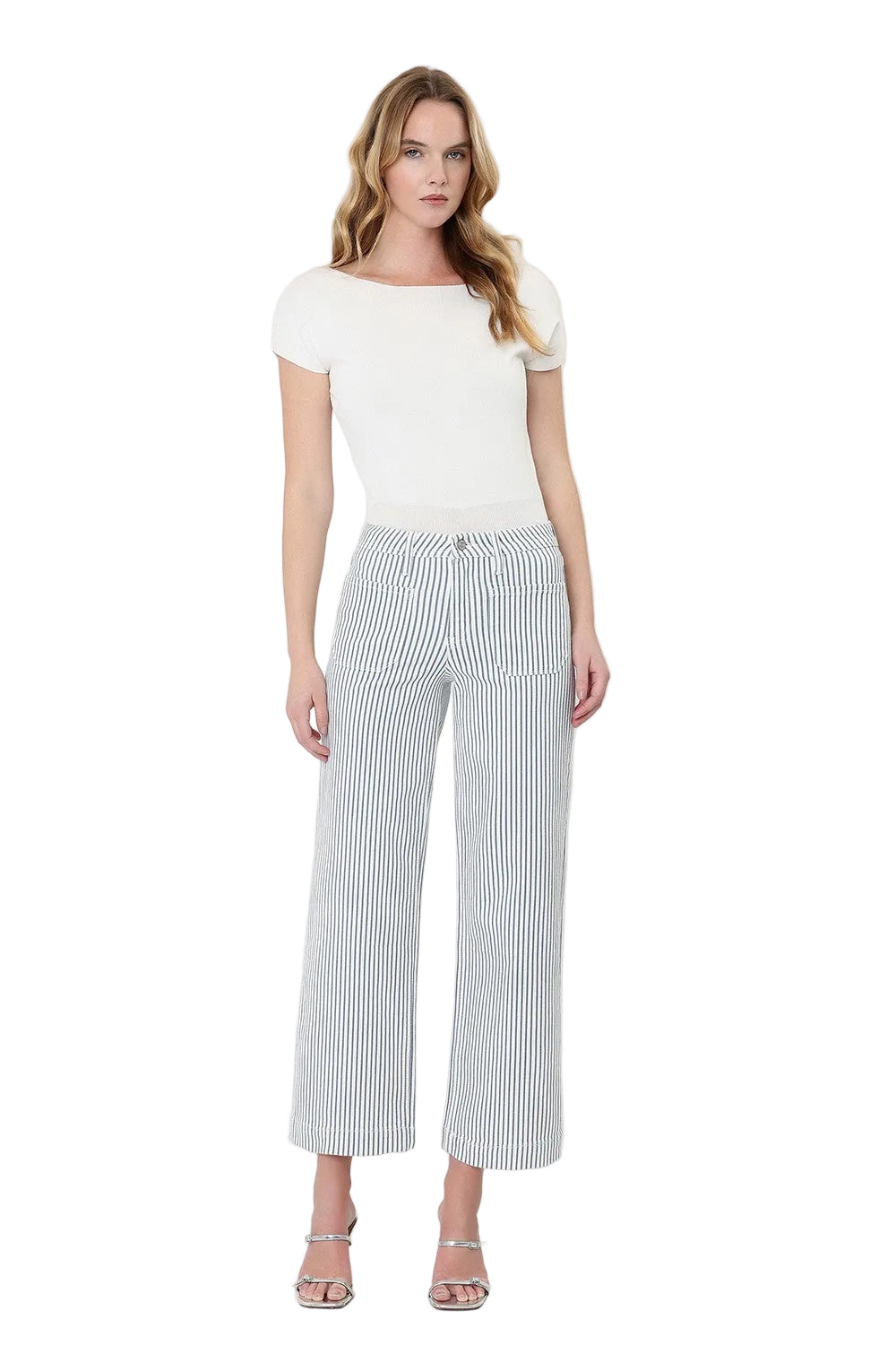 Vervet Women's High Rise Patch Pocket Crop Striped Wide Leg Jeans LV2292STR