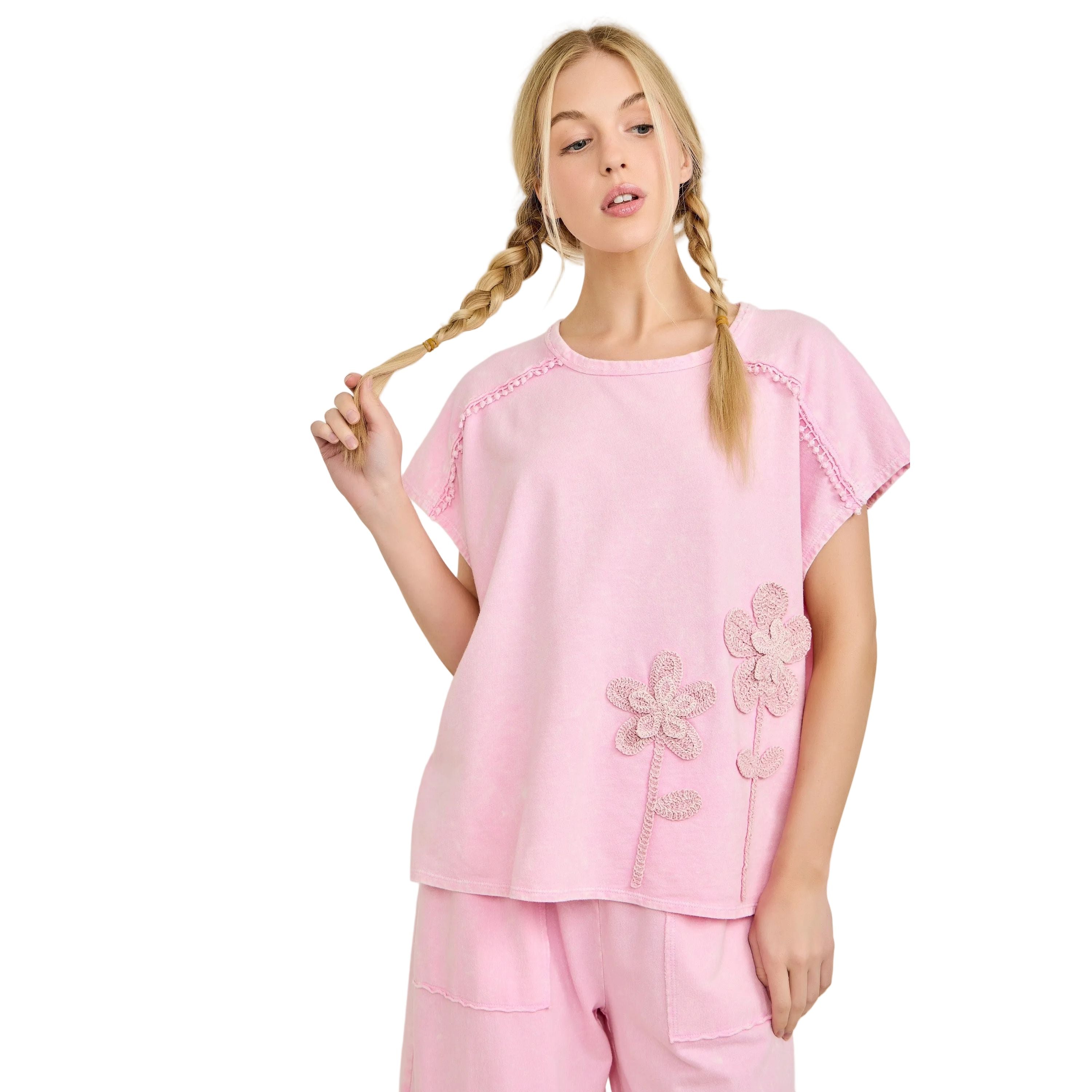 Women's Cotton Candy Mineral Washed Flower Garden Sleeveless Blouse Top HT7012