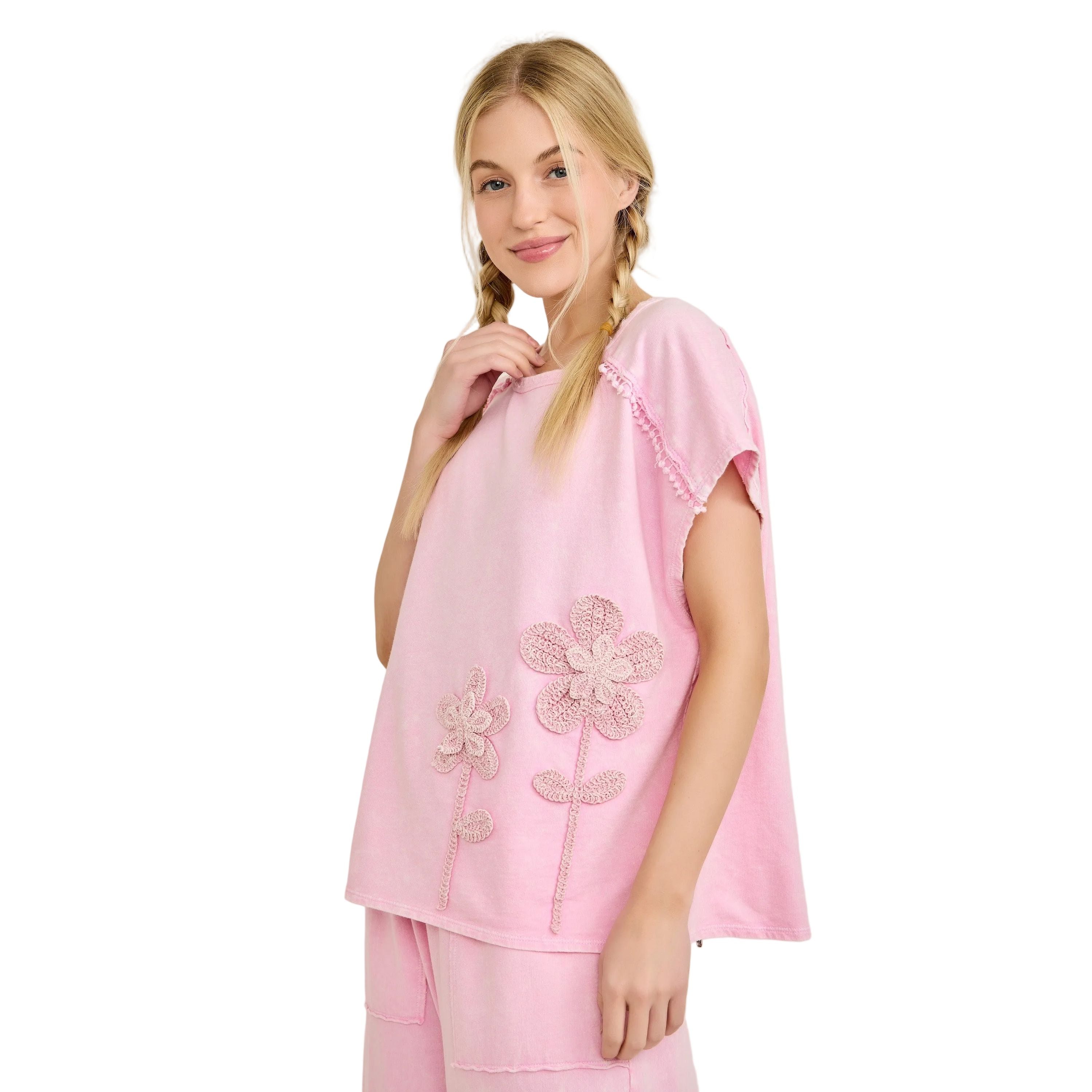 Women's Cotton Candy Mineral Washed Flower Garden Sleeveless Blouse Top HT7012