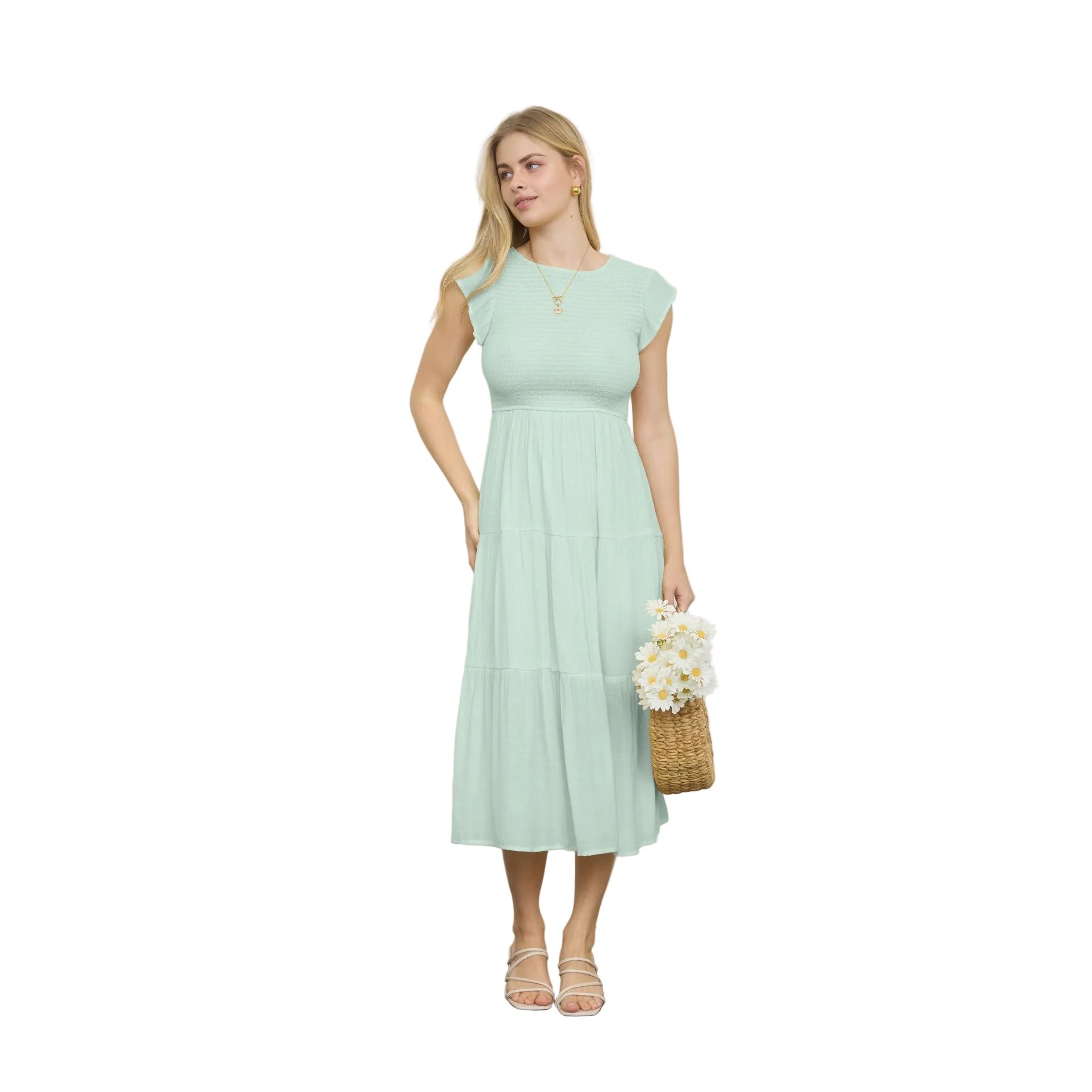 Women's Sage Tiered Smocked Short Sleeve Midi Dress CR2847 Crazy House Western Wear Women's Sage Tiered Smocked Short Sleeve Midi Dress CR2847 Crazy House Western Wear