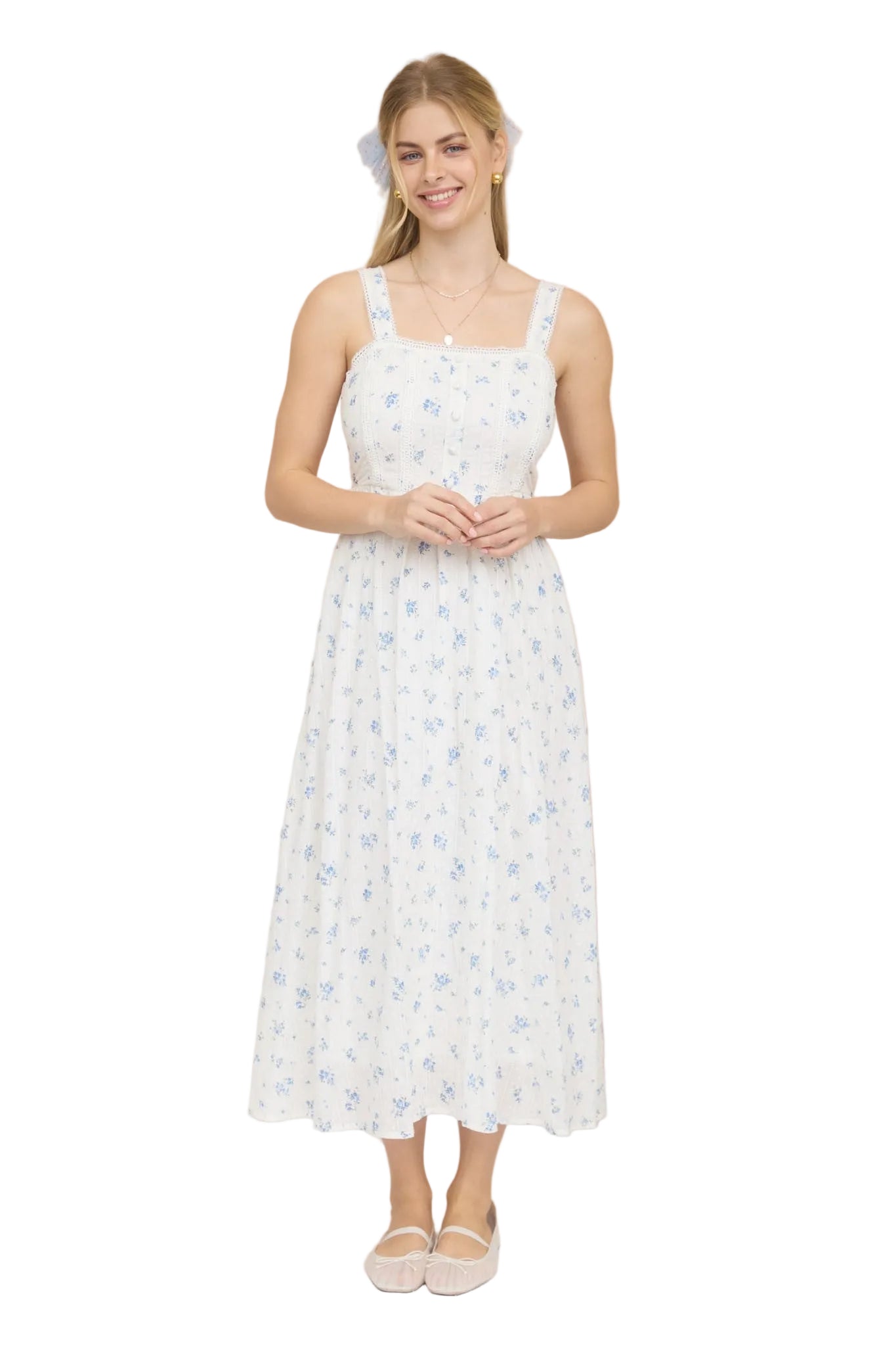 Women's Blu Pepper Blue and White Floral Stripe Clip Dot Sleeveless Maxi Dress CR2881