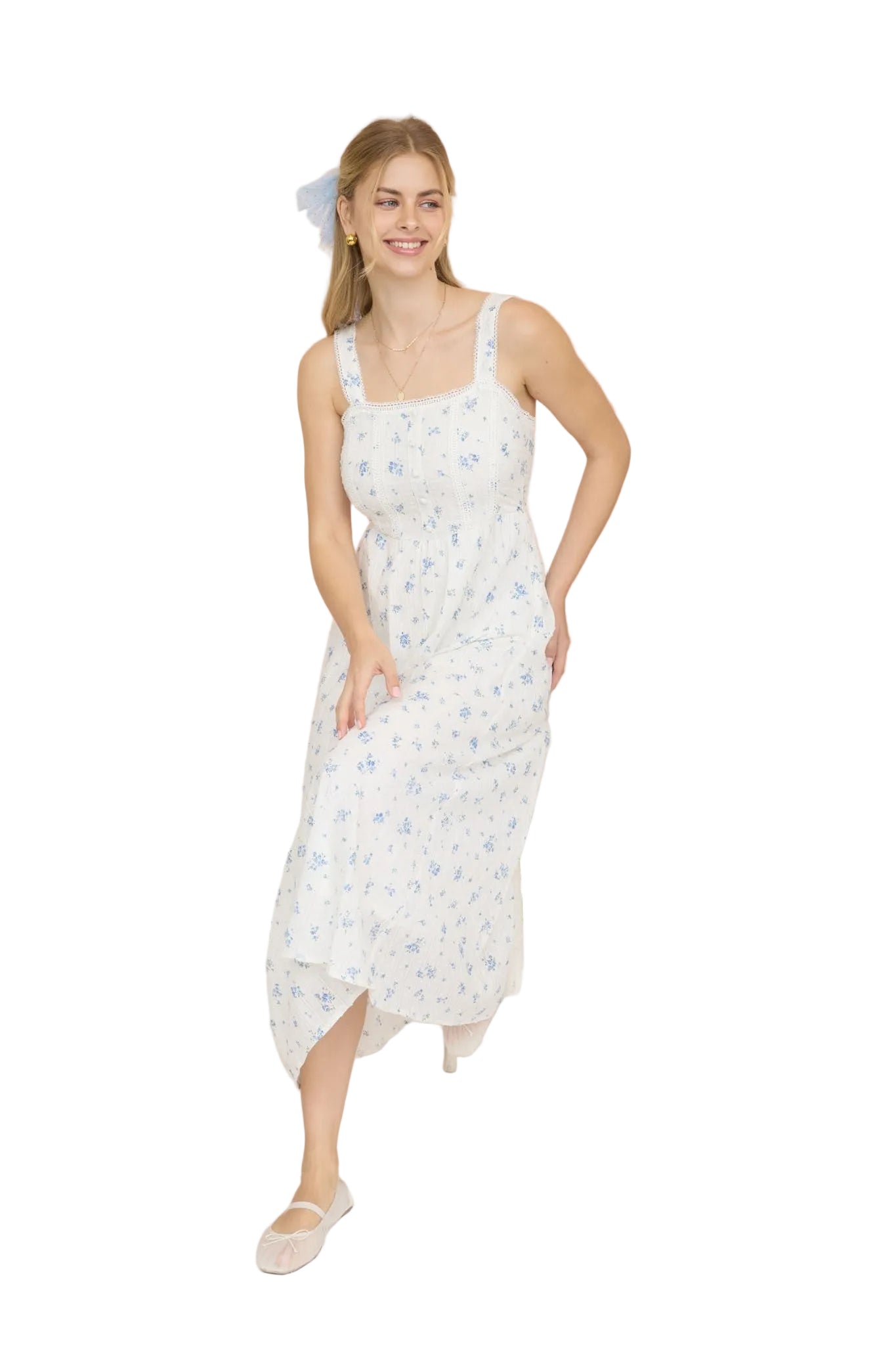 Women's Blu Pepper Blue and White Floral Stripe Clip Dot Sleeveless Maxi Dress CR2881