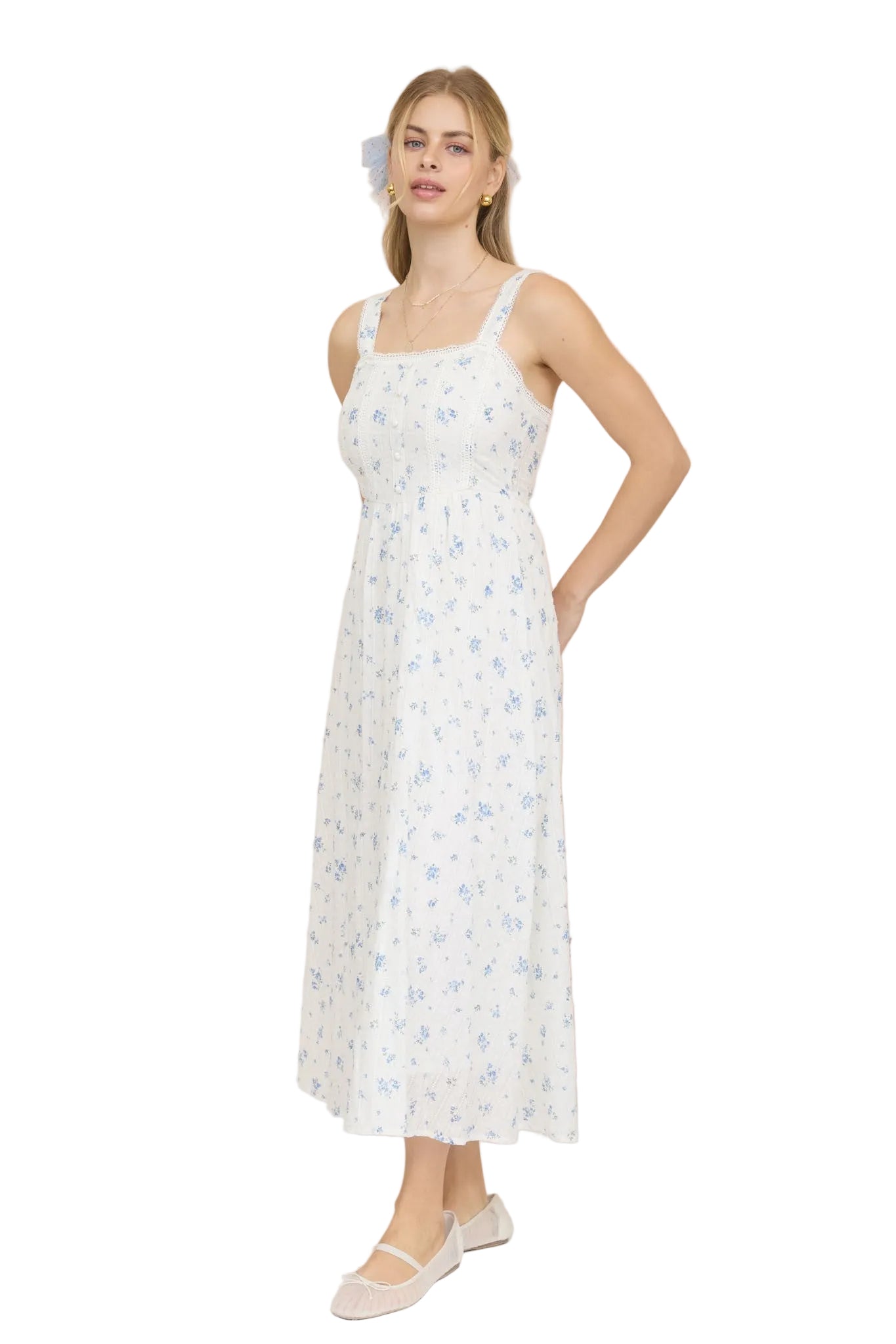 Women's Blu Pepper Blue and White Floral Stripe Clip Dot Sleeveless Maxi Dress CR2881