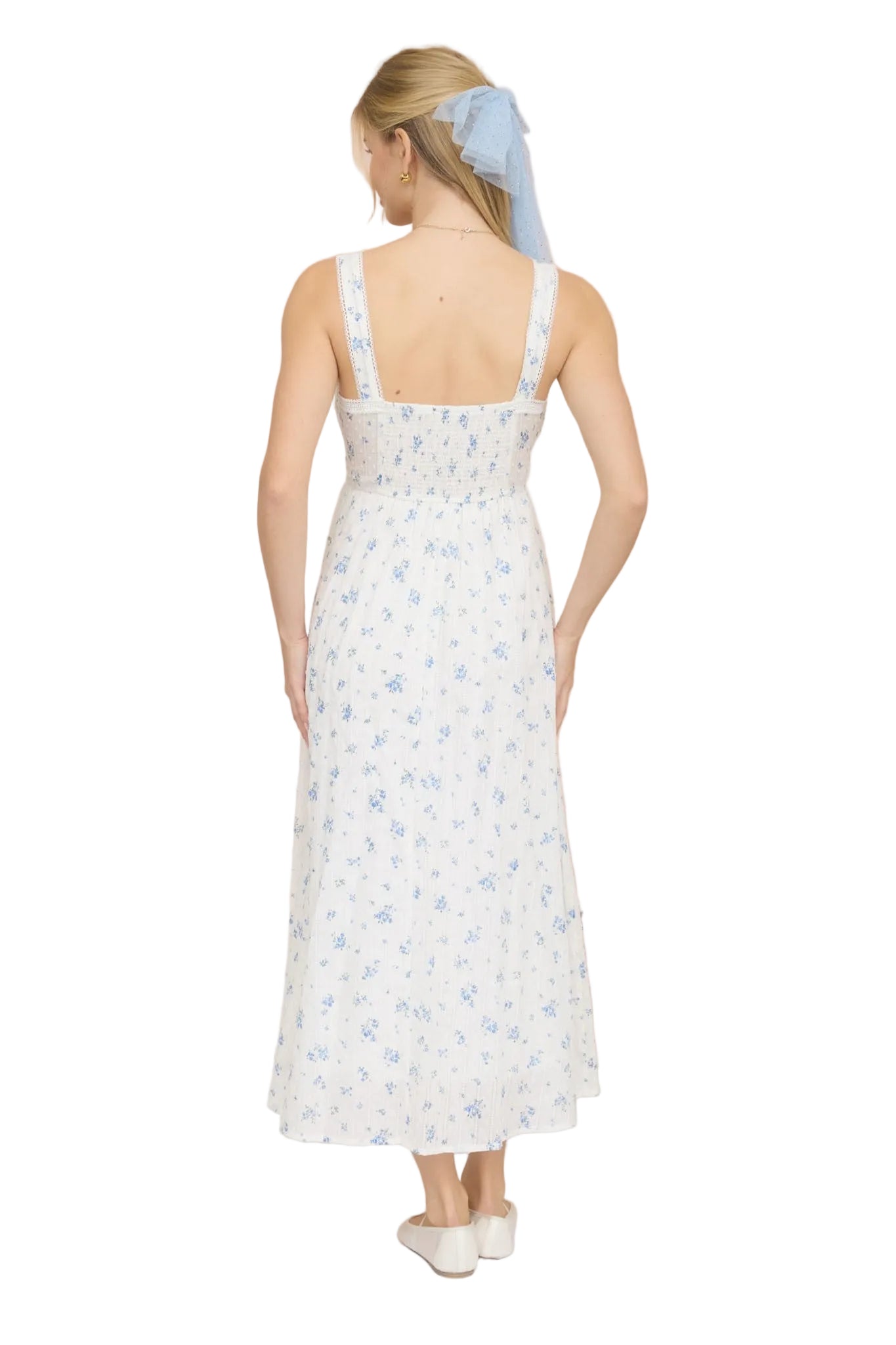 Women's Blu Pepper Blue and White Floral Stripe Clip Dot Sleeveless Maxi Dress CR2881