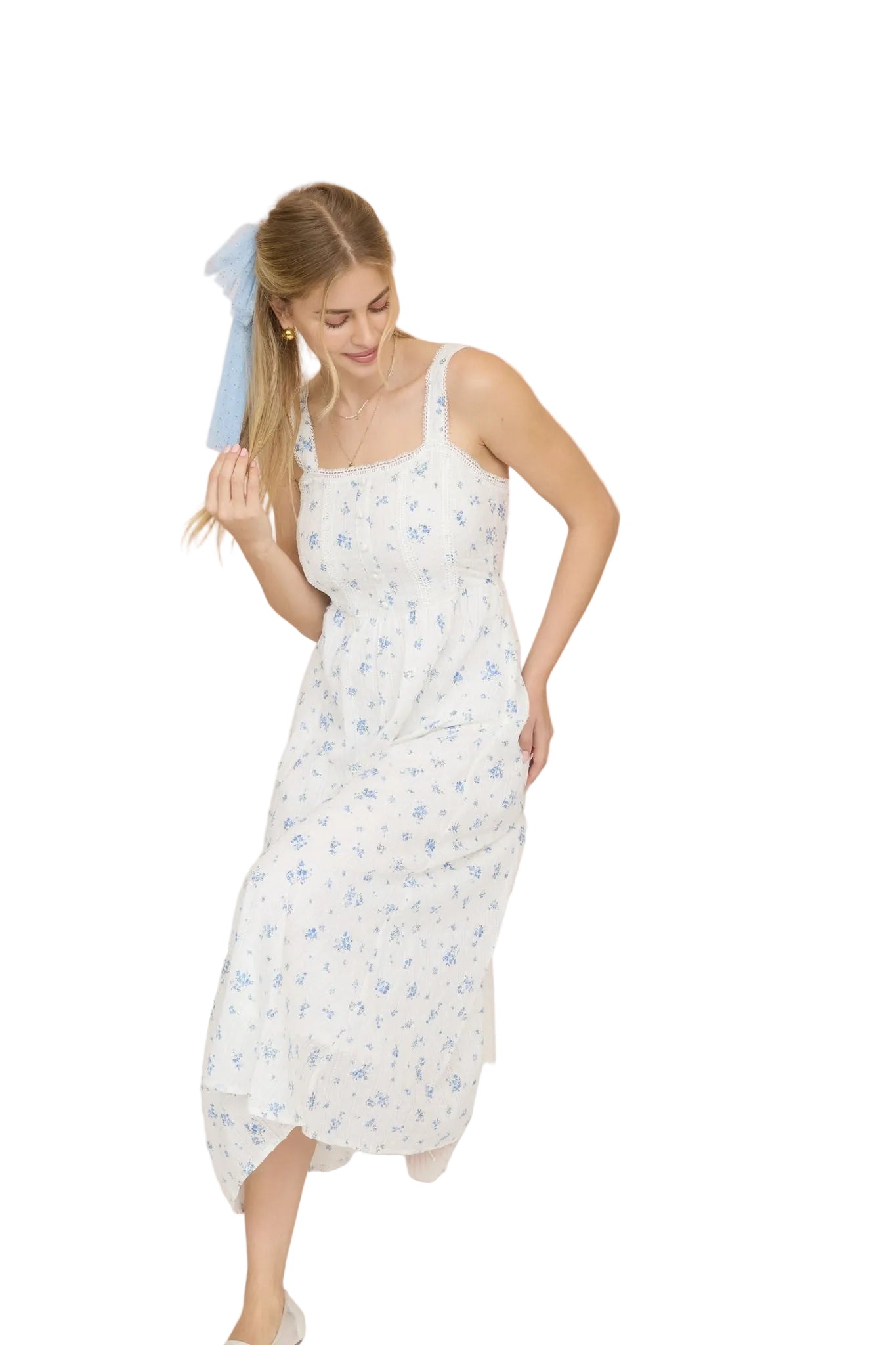 Women's Blu Pepper Blue and White Floral Stripe Clip Dot Sleeveless Maxi Dress CR2881