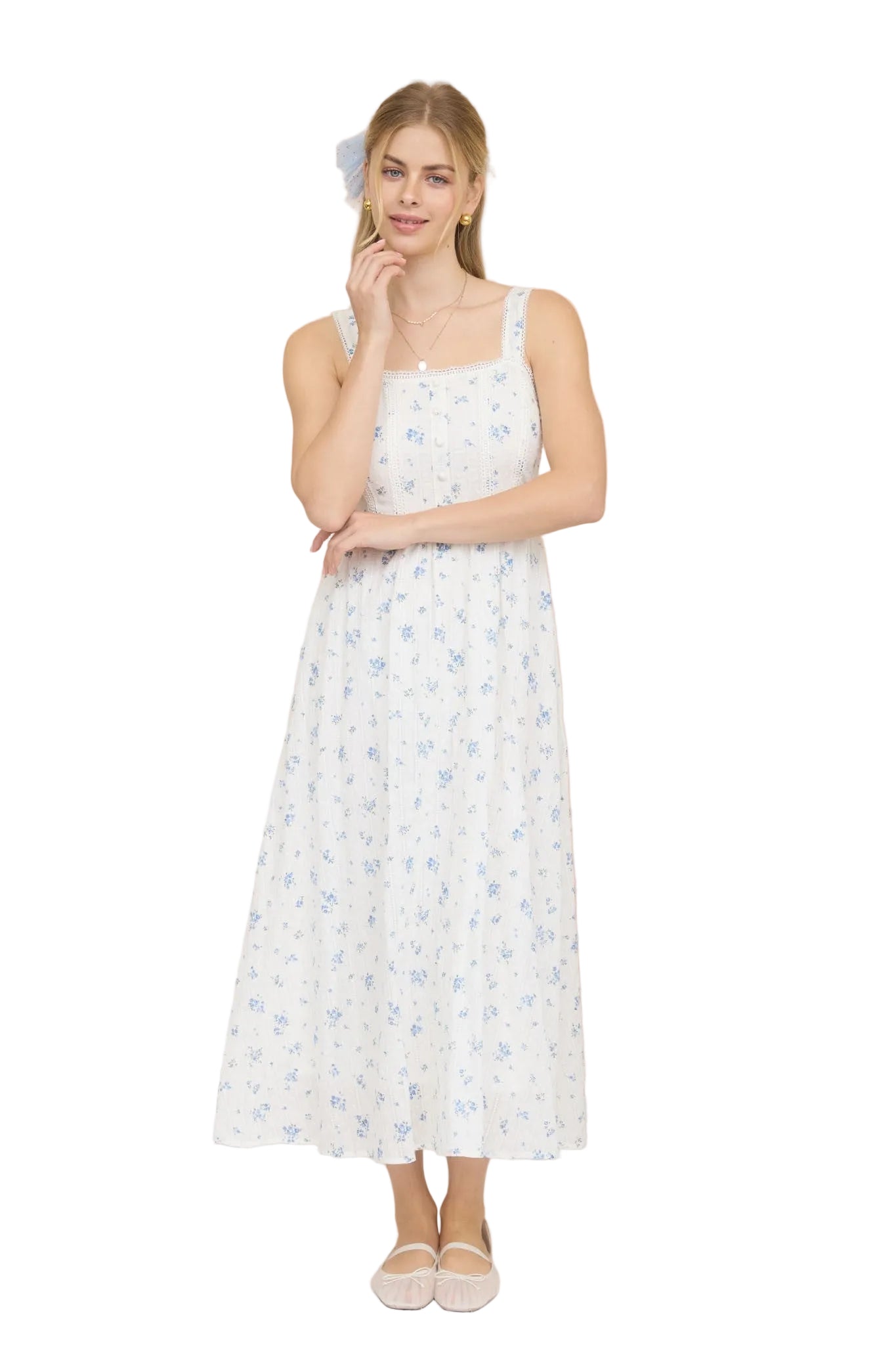Women's Blu Pepper Blue and White Floral Stripe Clip Dot Sleeveless Maxi Dress CR2881