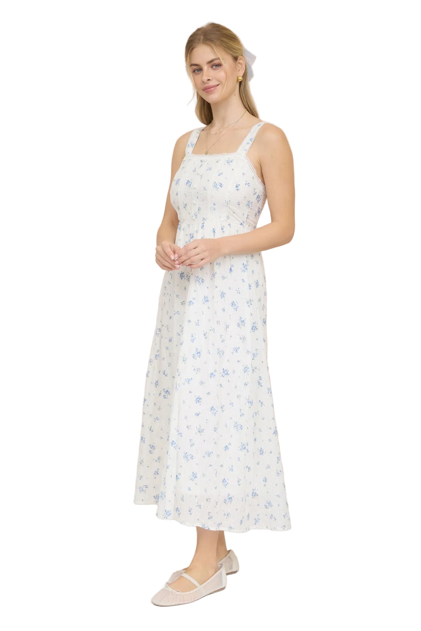 Women's Blu Pepper Blue and White Floral Stripe Clip Dot Sleeveless Maxi Dress CR2881