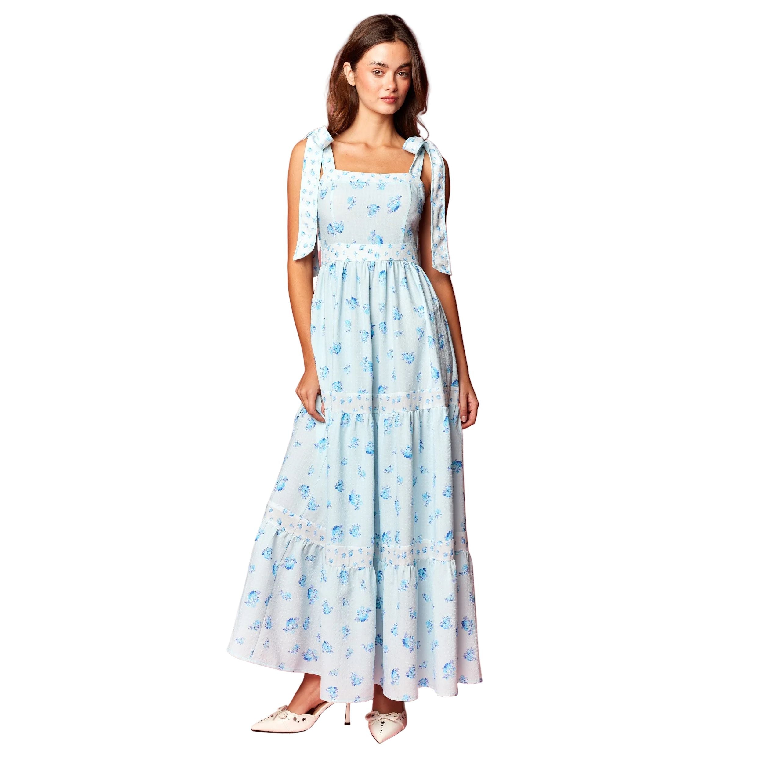 Women's Blue and White Floral Print Tie Strap Maxi Dress R30772D  Crazy  House Western Wear