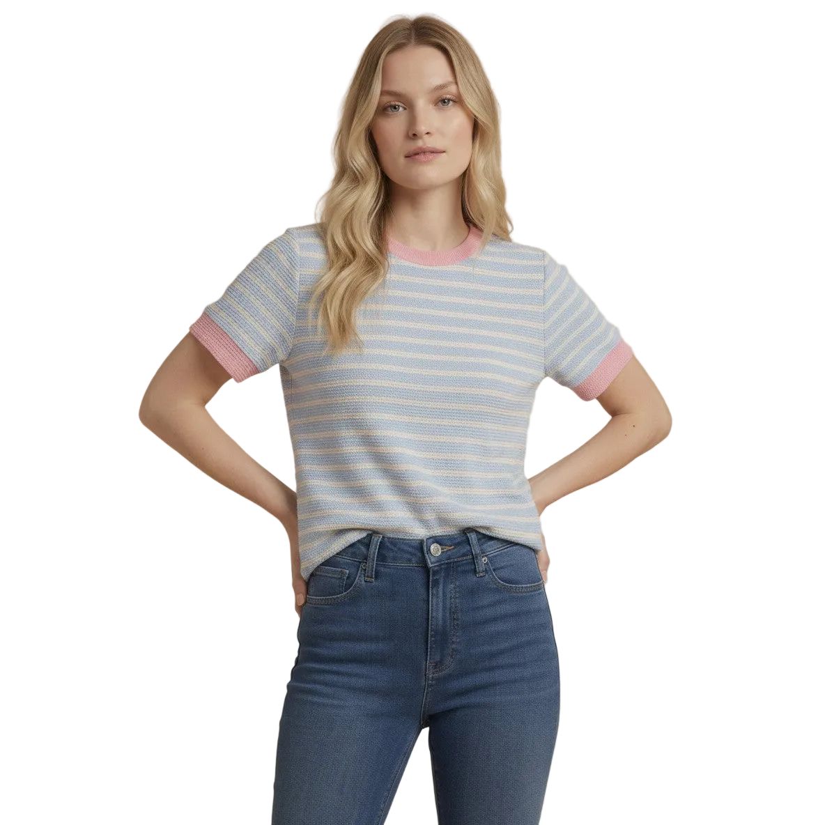 Women's Tres Bien Cloudy Knit Colorblock Ringer Short Sleeve Round Neck Top T-42356