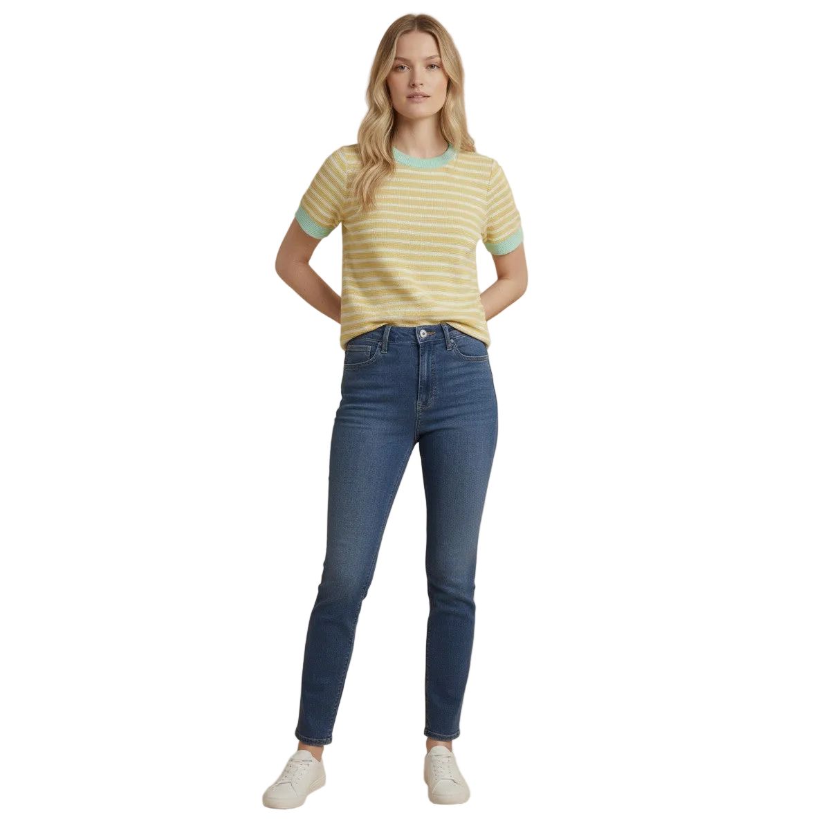 Women's Tres Bien Cloudy Knit Colorblock Ringer Short Sleeve Round Neck Top T-42356