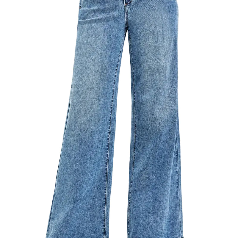 Women's Risen Tummy Control Elastic Band High Rise Wide Jeans PW21734