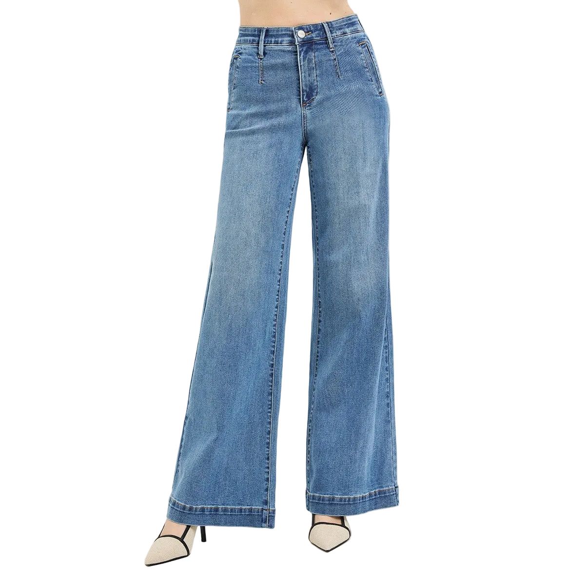 Women's Risen Tummy Control Elastic Band High Rise Wide Jeans PW21734