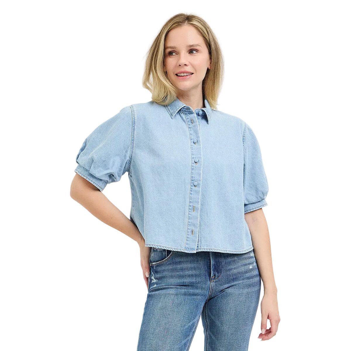 Women's Risen Light Denim Puff Short Sleeve Shirt RDJ9308
