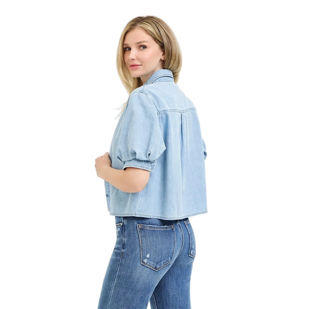 Women's Risen Light Denim Puff Short Sleeve Shirt RDJ9308