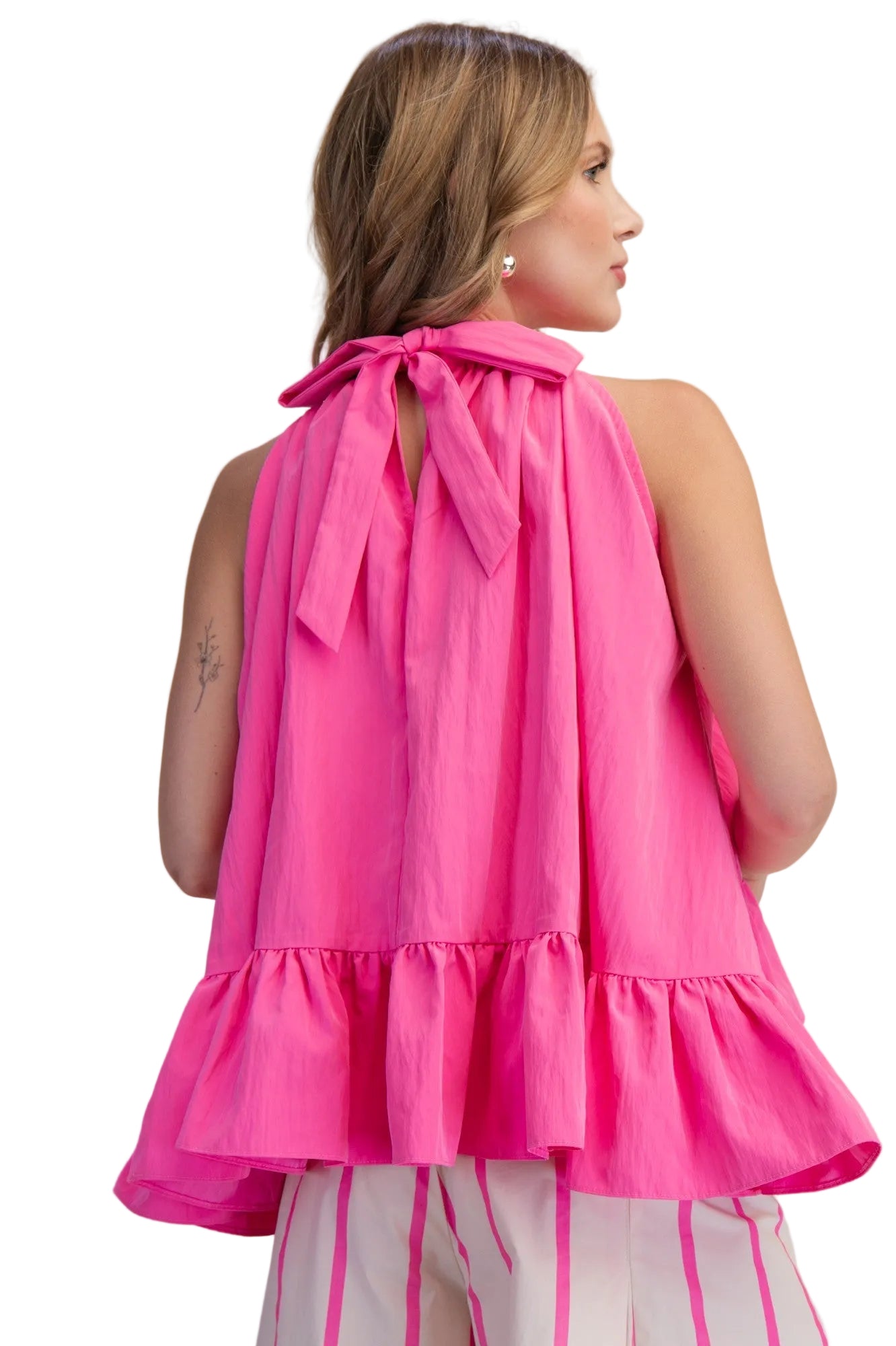 Women's Glam Hot Pink Halter Neck Sleeveless Back Neck Tie Ruffle Top T8128