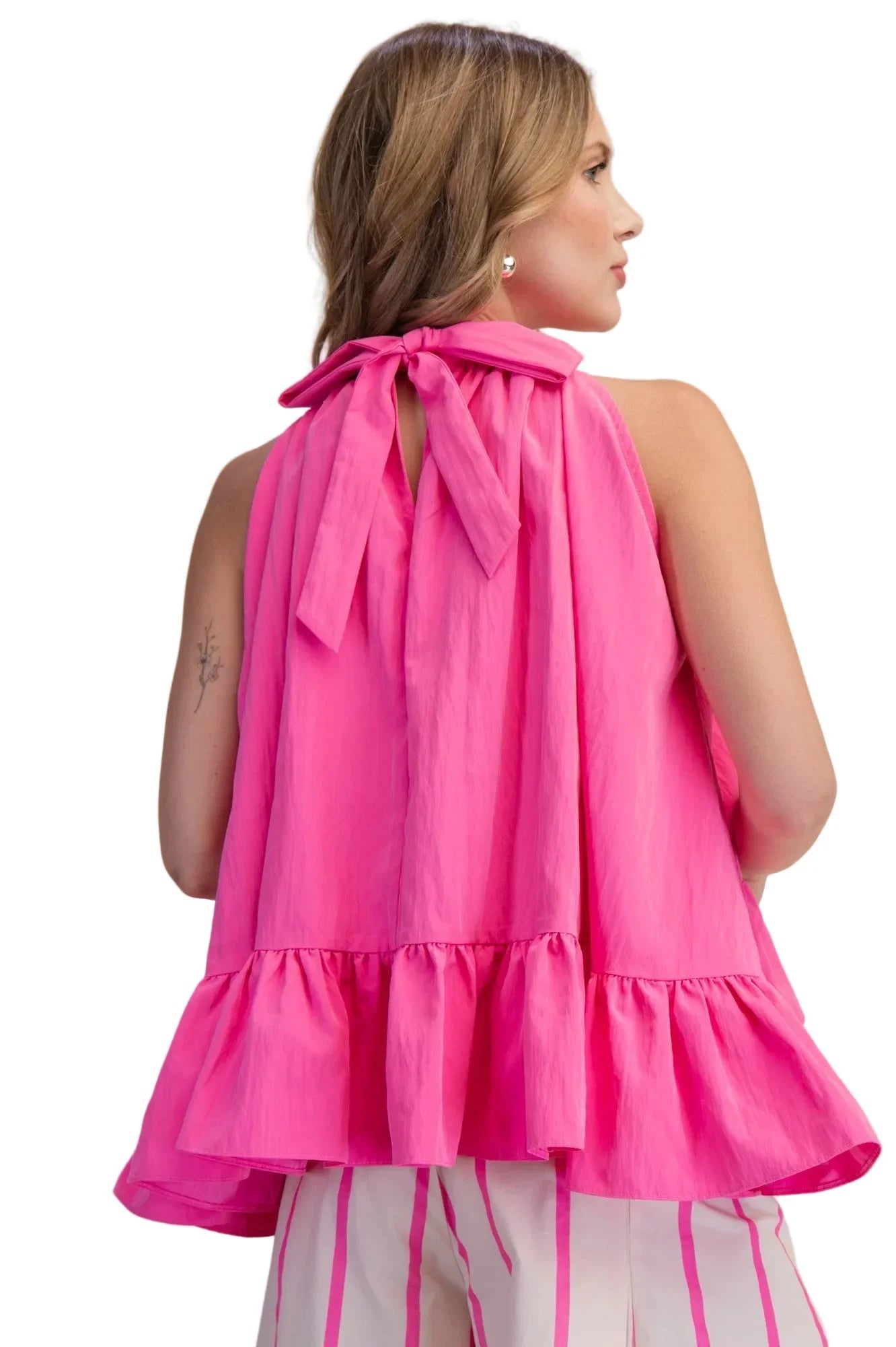 Women's Glam Hot Pink Halter Neck Sleeveless Back Neck Tie Ruffle Top T8128