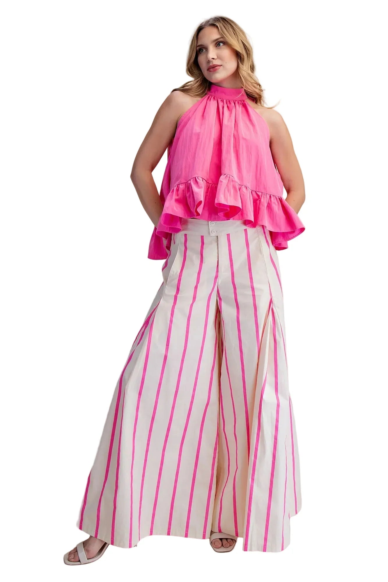 Women's Glam Hot Pink Halter Neck Sleeveless Back Neck Tie Ruffle Top T8128