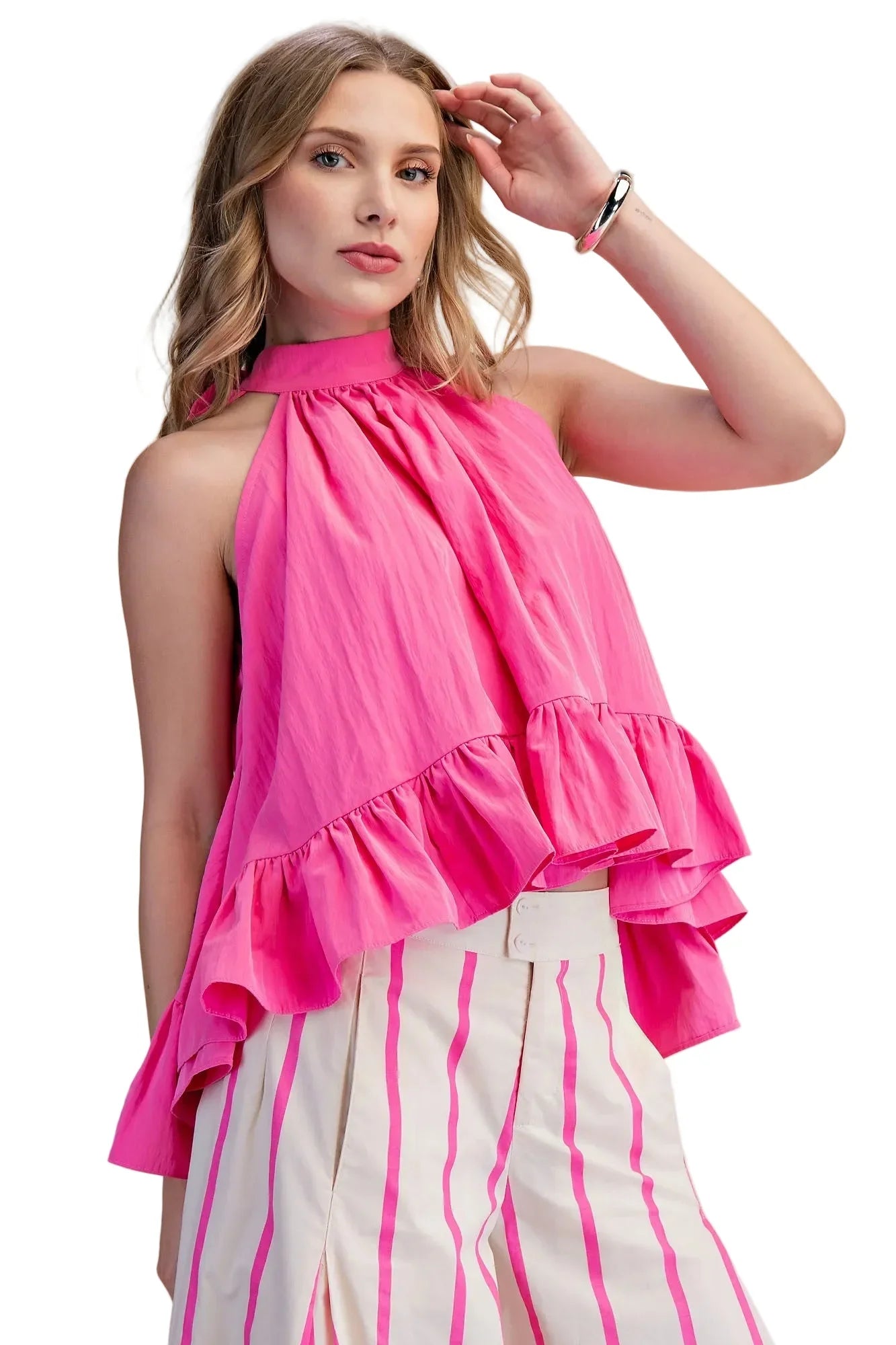 Women's Glam Hot Pink Halter Neck Sleeveless Back Neck Tie Ruffle Top T8128