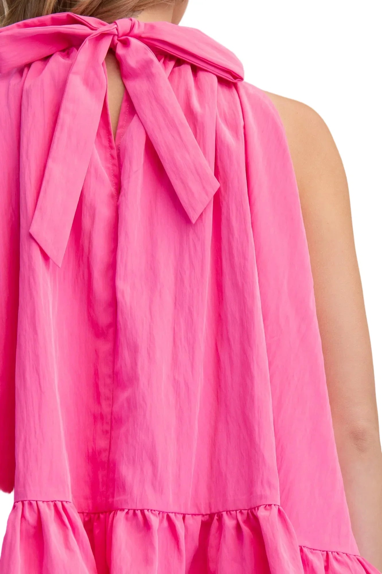 Women's Glam Hot Pink Halter Neck Sleeveless Back Neck Tie Ruffle Top T8128