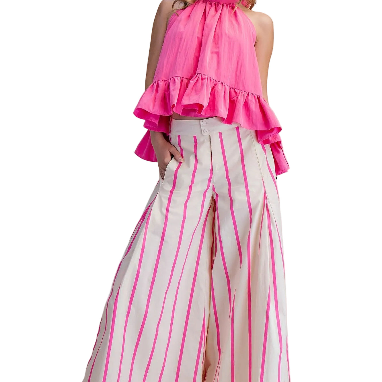 Women's Glam Hot Pink High Waist Wide-Leg Pop Color Stripe Pants P9126