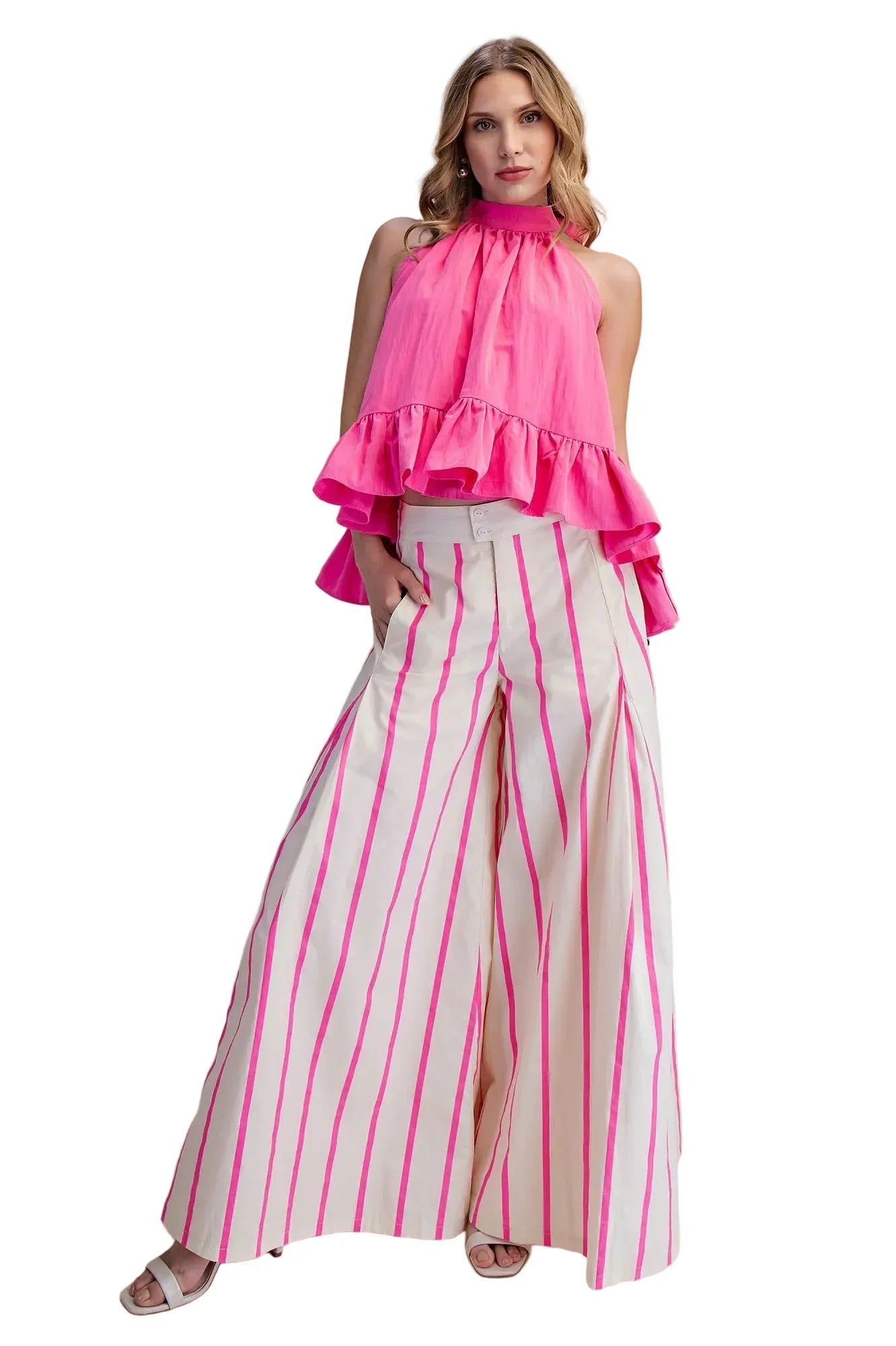 Women's Glam Hot Pink High Waist Wide-Leg Pop Color Stripe Pants P9126