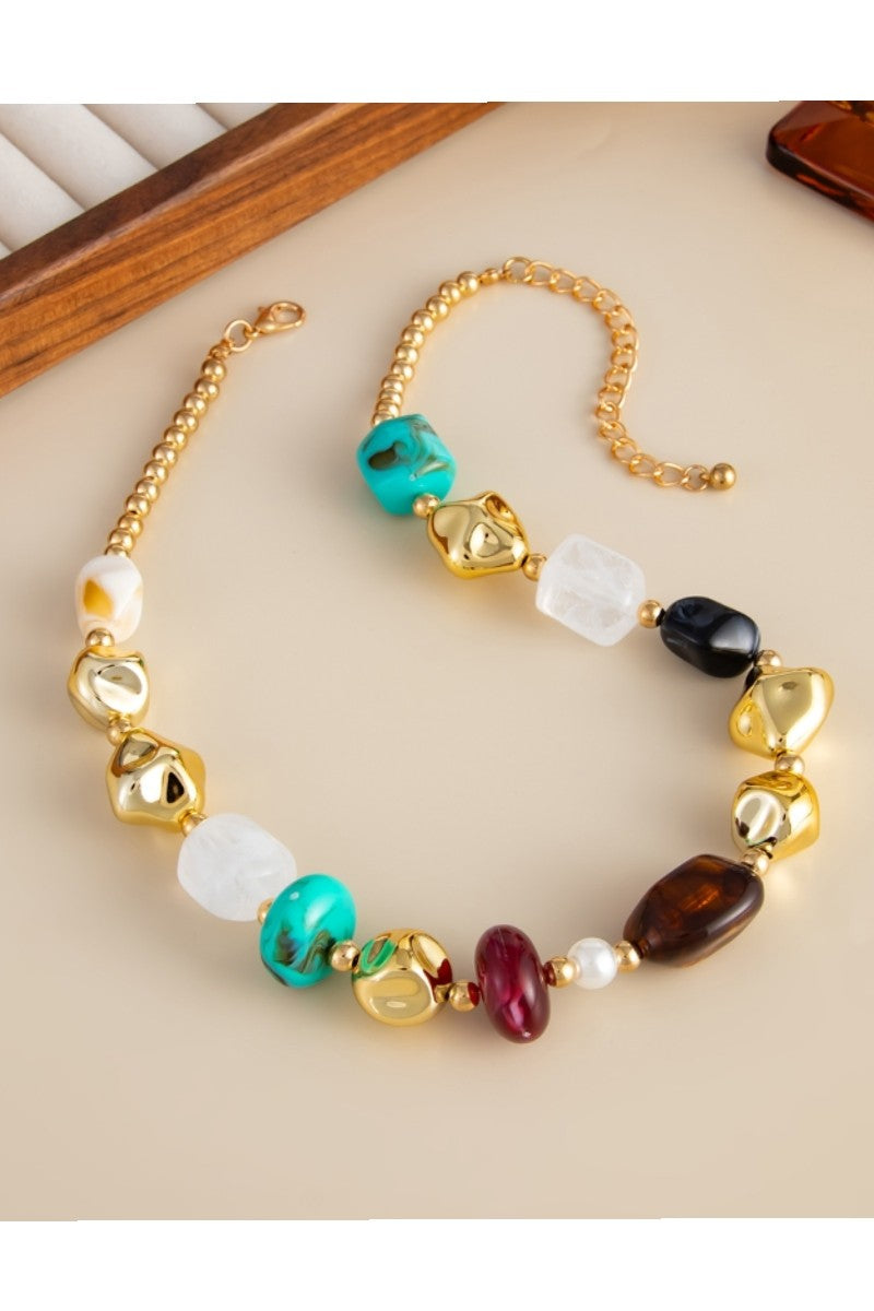 Women's Colorful Ombre Resin Irregular Bead Necklace with Gold Beads