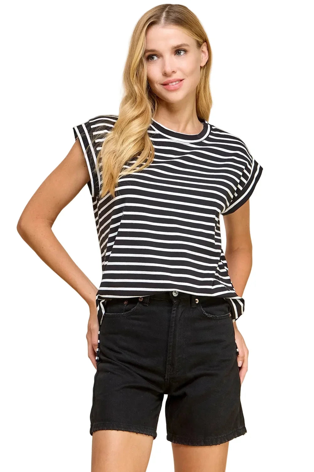 Women's Black and Ivory Round Neck Short Sleeve Striped Top