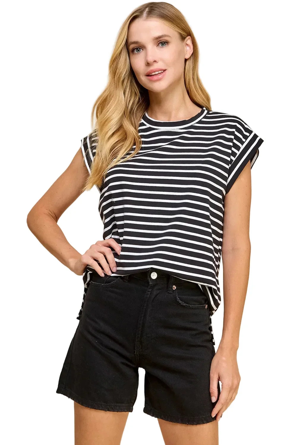 Women's Black and Ivory Round Neck Short Sleeve Striped Top
