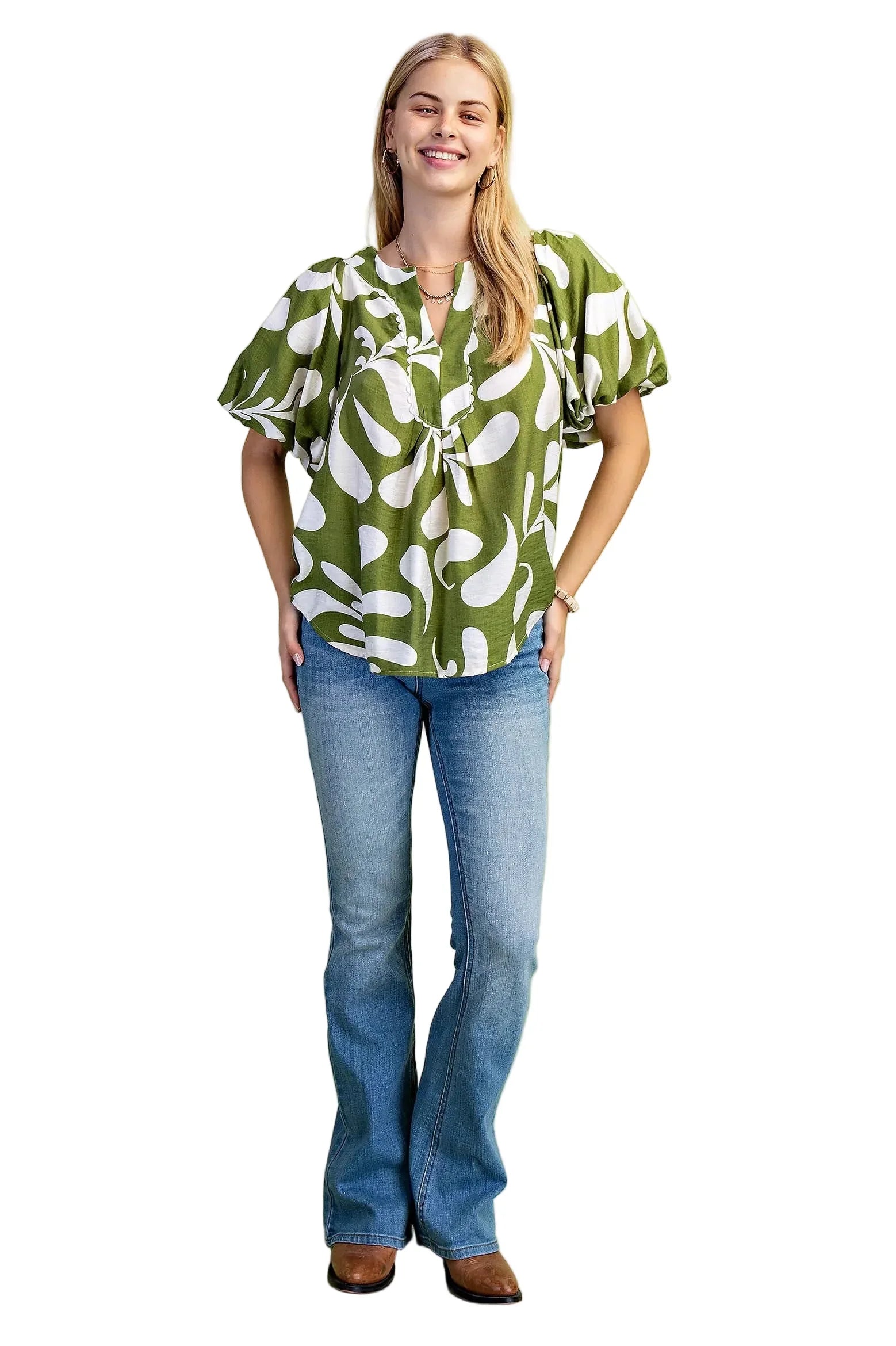 Women's Gigio Olive Or Black Mix Printed Slit Neck Top