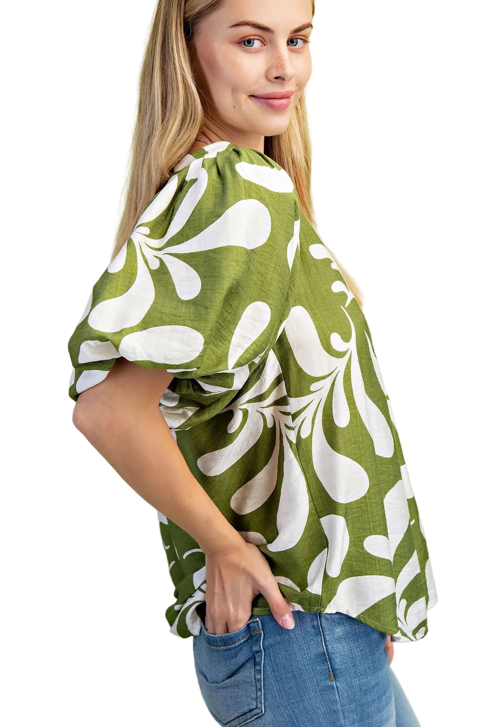 Women's Gigio Olive Or Black Mix Printed Slit Neck Top