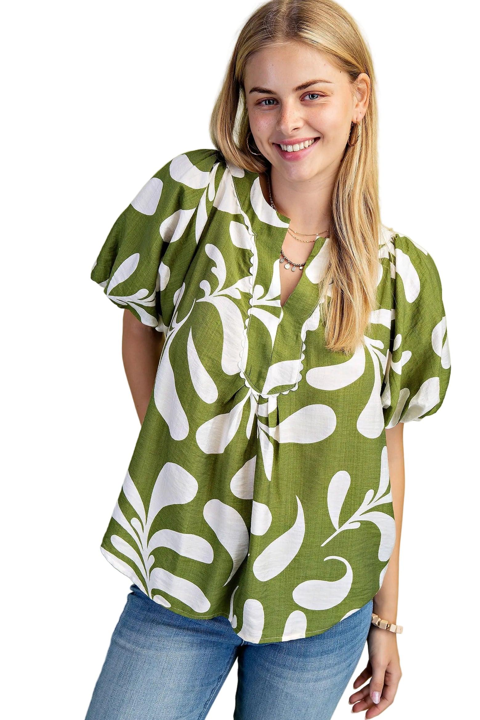 Women's Gigio Olive Or Black Mix Printed Slit Neck Top