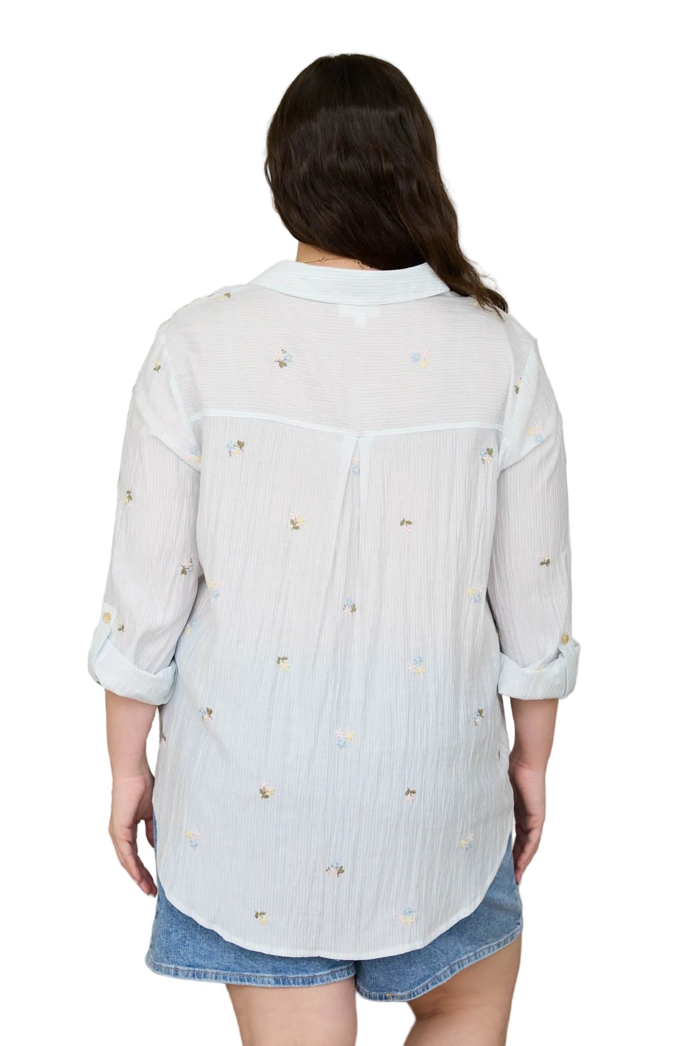 Women's Blu Pepper Light Blue Stripe Floral Embroidery Long Sleeve Top CR2784