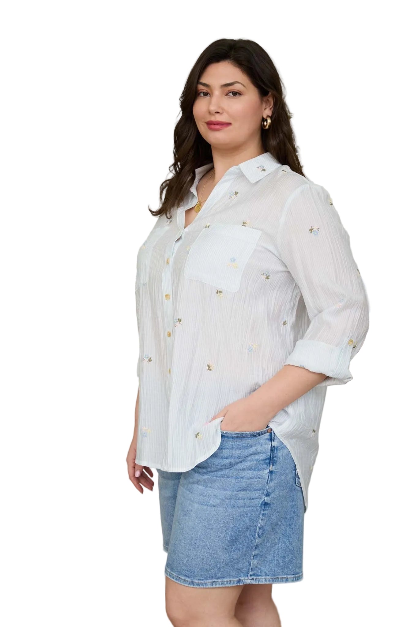 Women's Blu Pepper Light Blue Stripe Floral Embroidery Long Sleeve Top CR2784