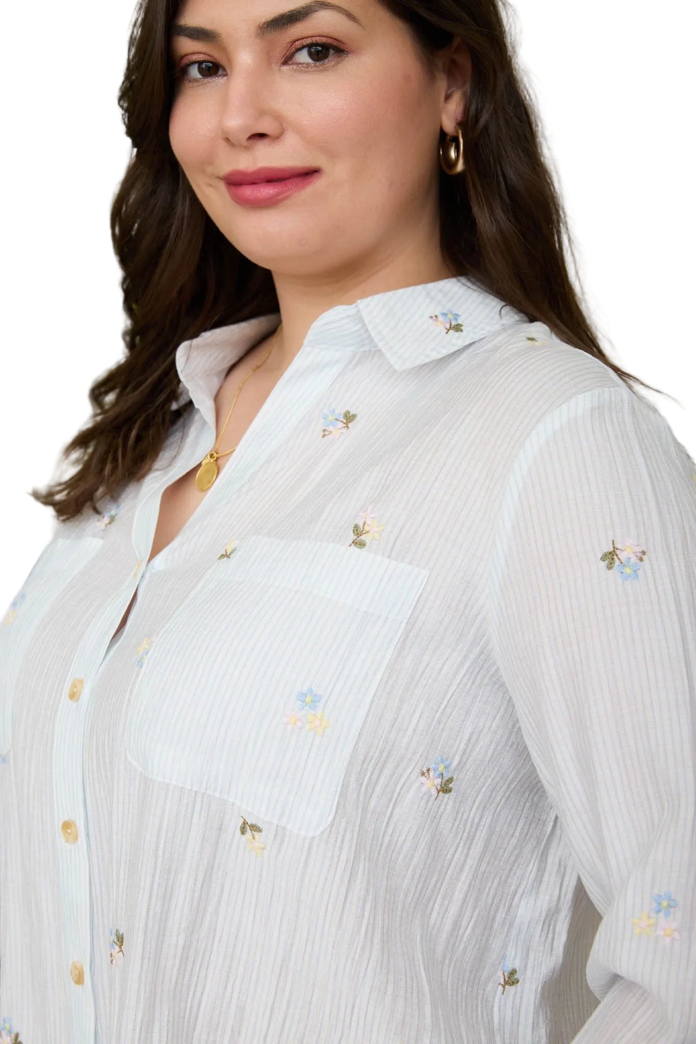 Women's Blu Pepper Light Blue Stripe Floral Embroidery Long Sleeve Top CR2784