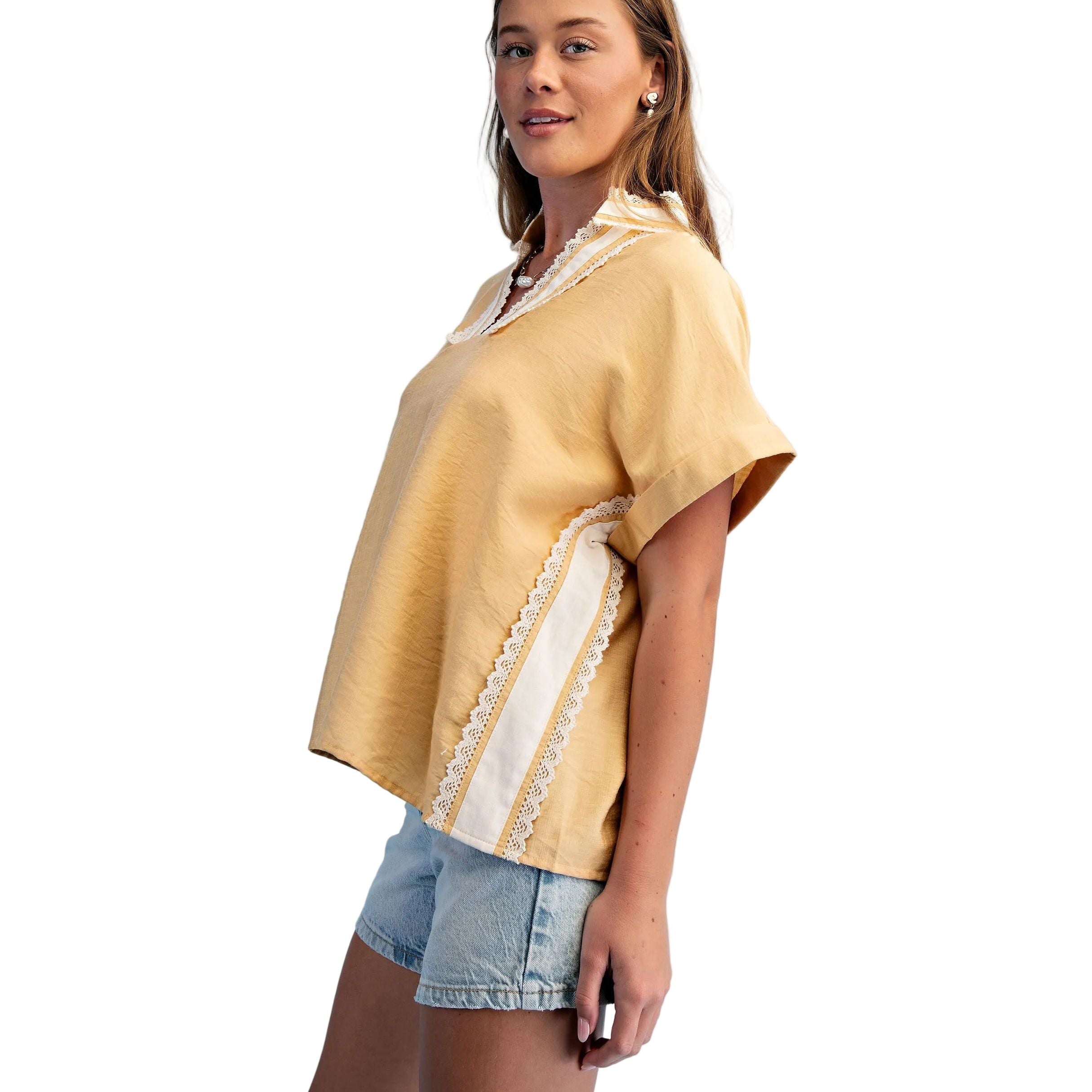Women's Honey V-neck Pullover Top with Lace Trimmed Stripe Details TY1224