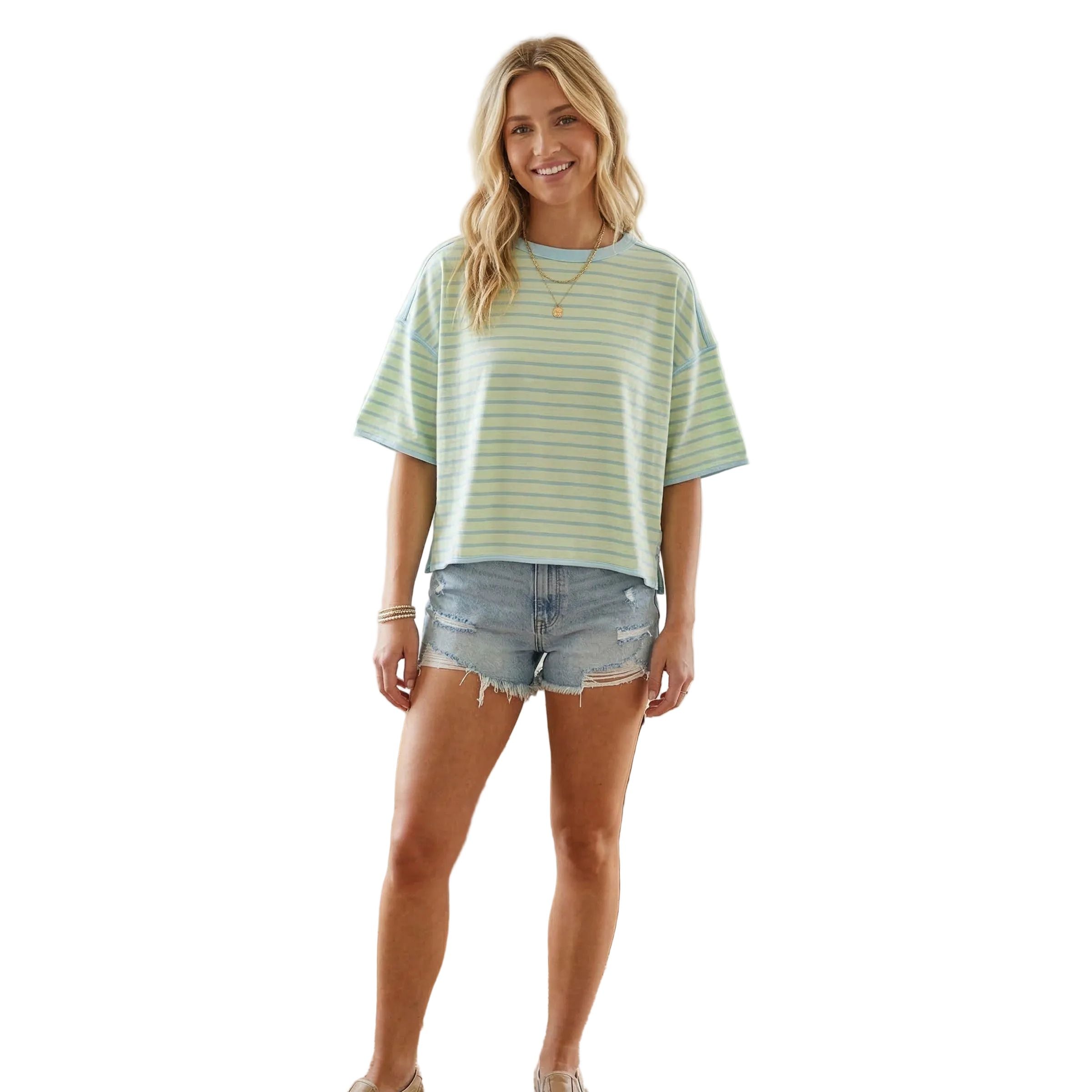 Women's Short Sleeve Striped Relaxed Fit Knit T-shirt SNS2294