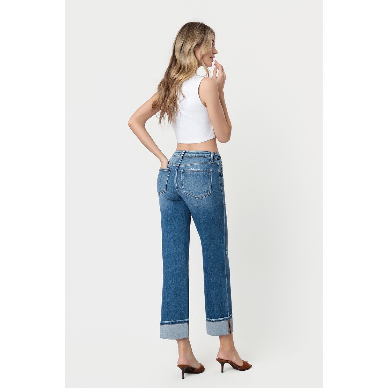 Women's Flying Monkey High Rise Medium Dark Wash Cuffed Slim Wide Jeans F5992