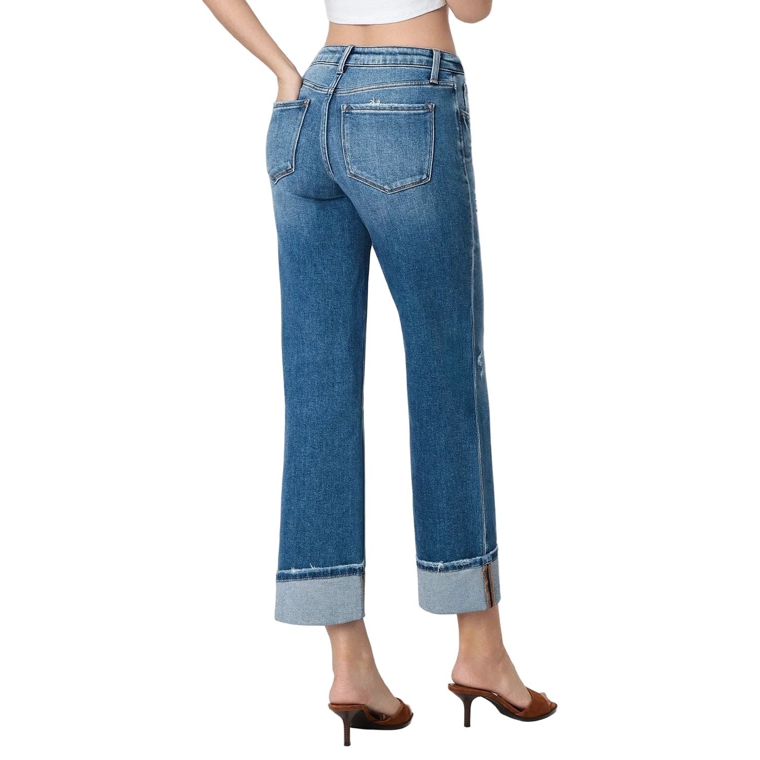 Women's Flying Monkey High Rise Medium Dark Wash Cuffed Slim Wide Jeans F5992