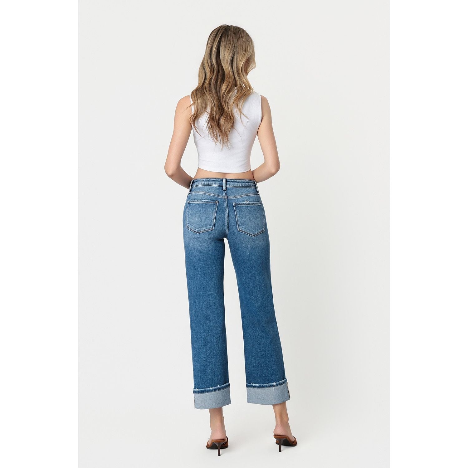 Women's Flying Monkey High Rise Medium Dark Wash Cuffed Slim Wide Jeans F5992