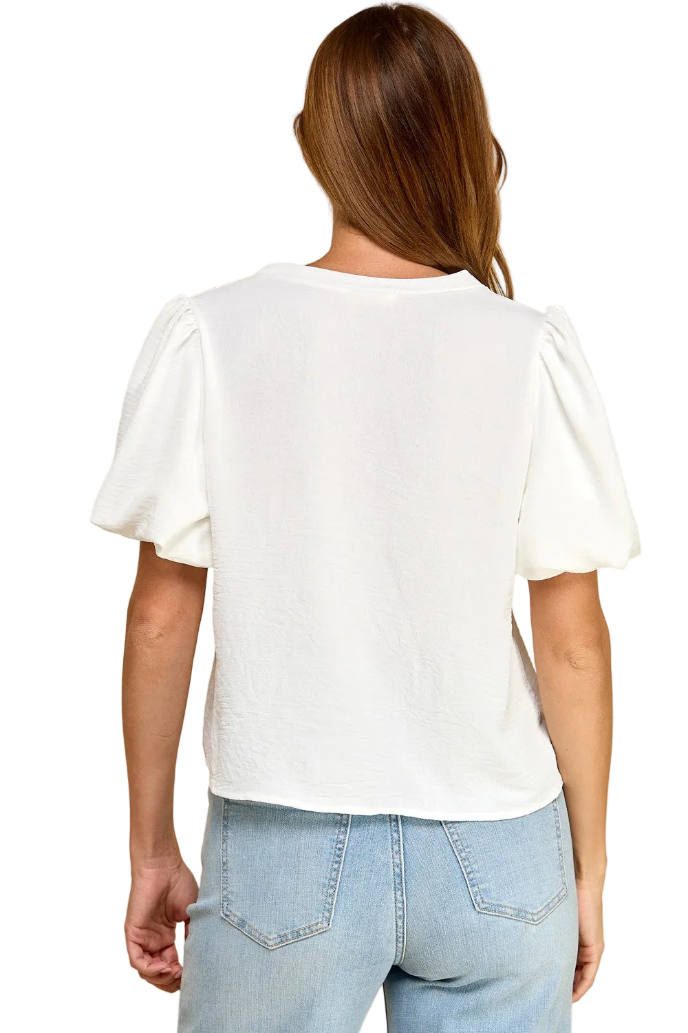Women's Round Neck Solid Puff Sleeve Top