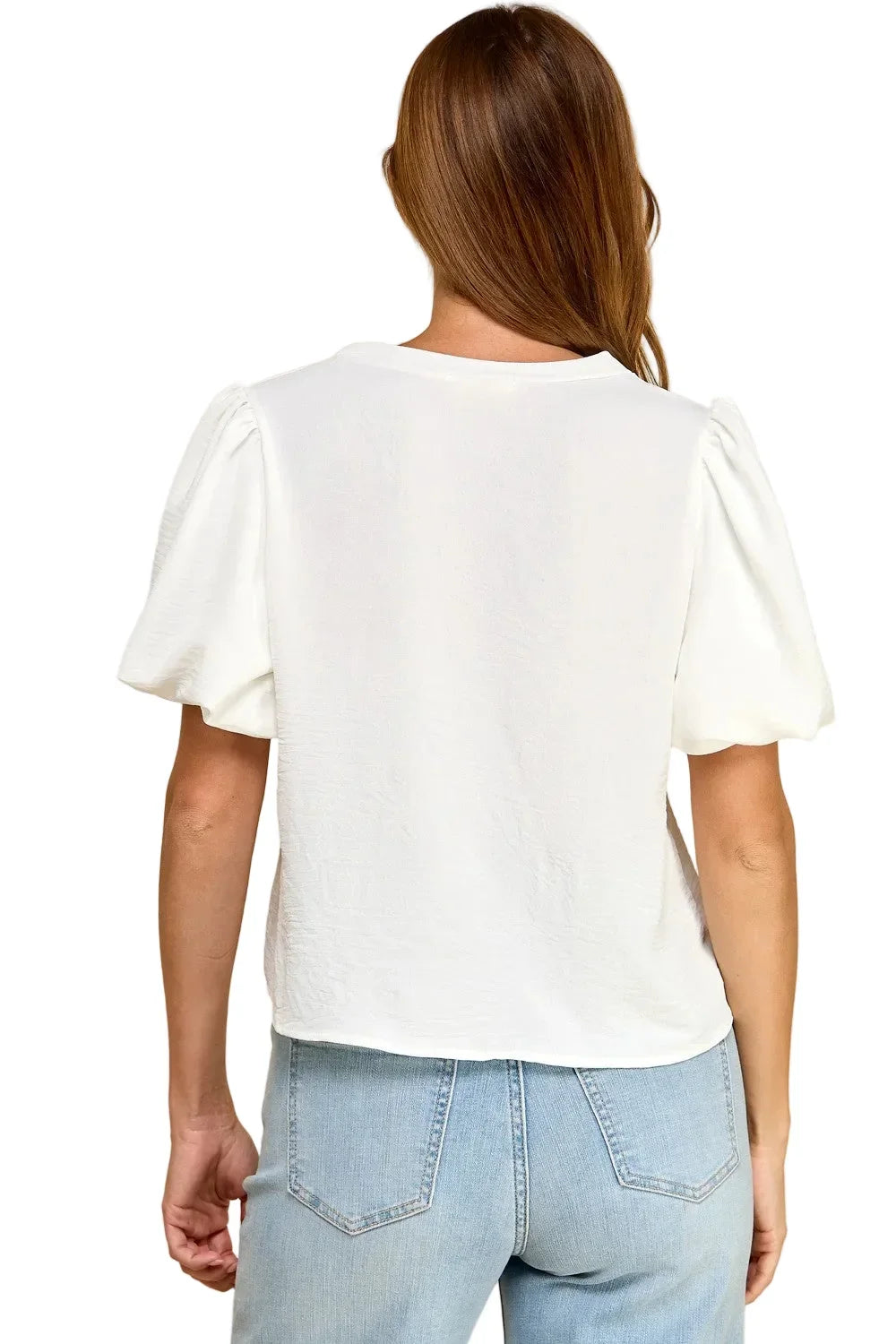 Women's Round Neck Solid Puff Sleeve Top