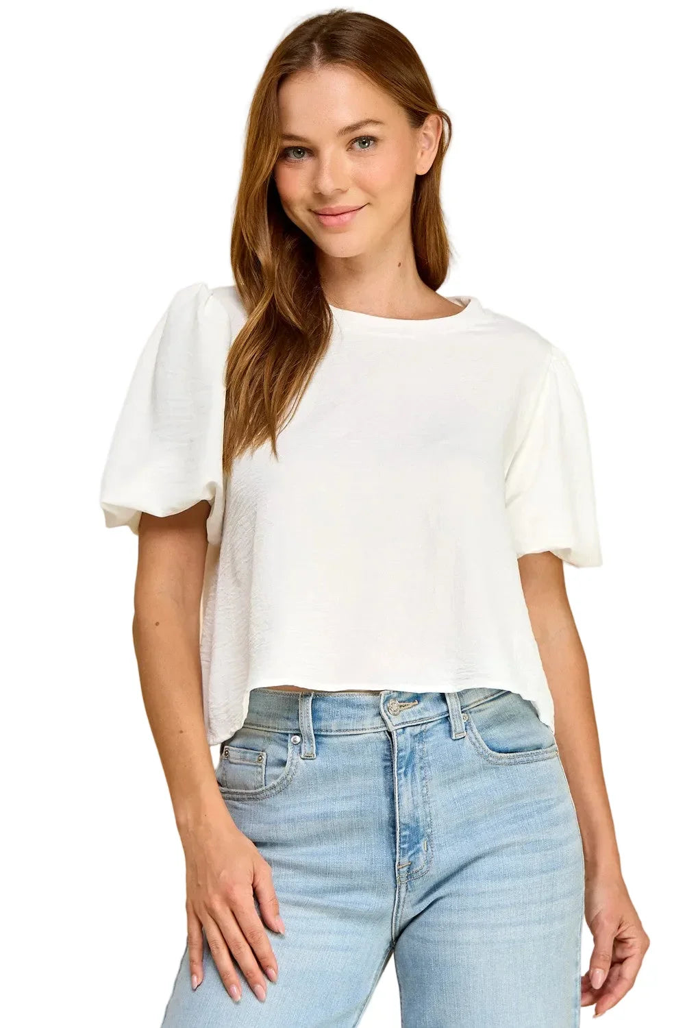 Women's Round Neck Solid Puff Sleeve Top