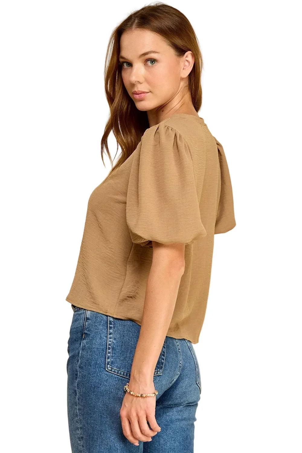 Women's Round Neck Solid Puff Sleeve Top