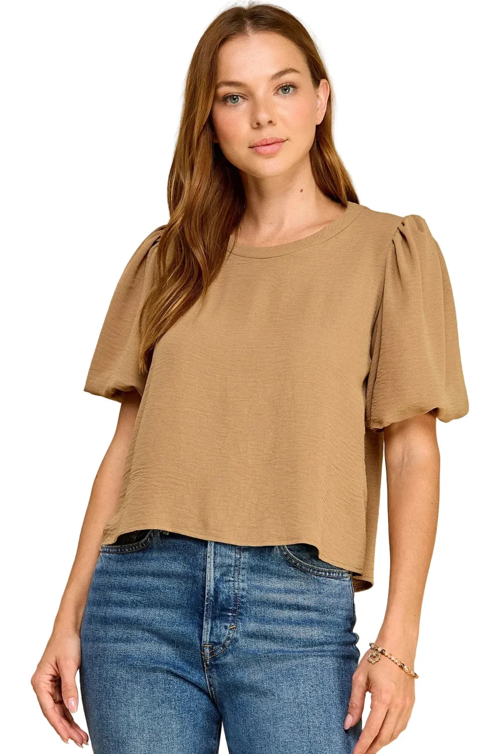 Women's Round Neck Solid Puff Sleeve Top