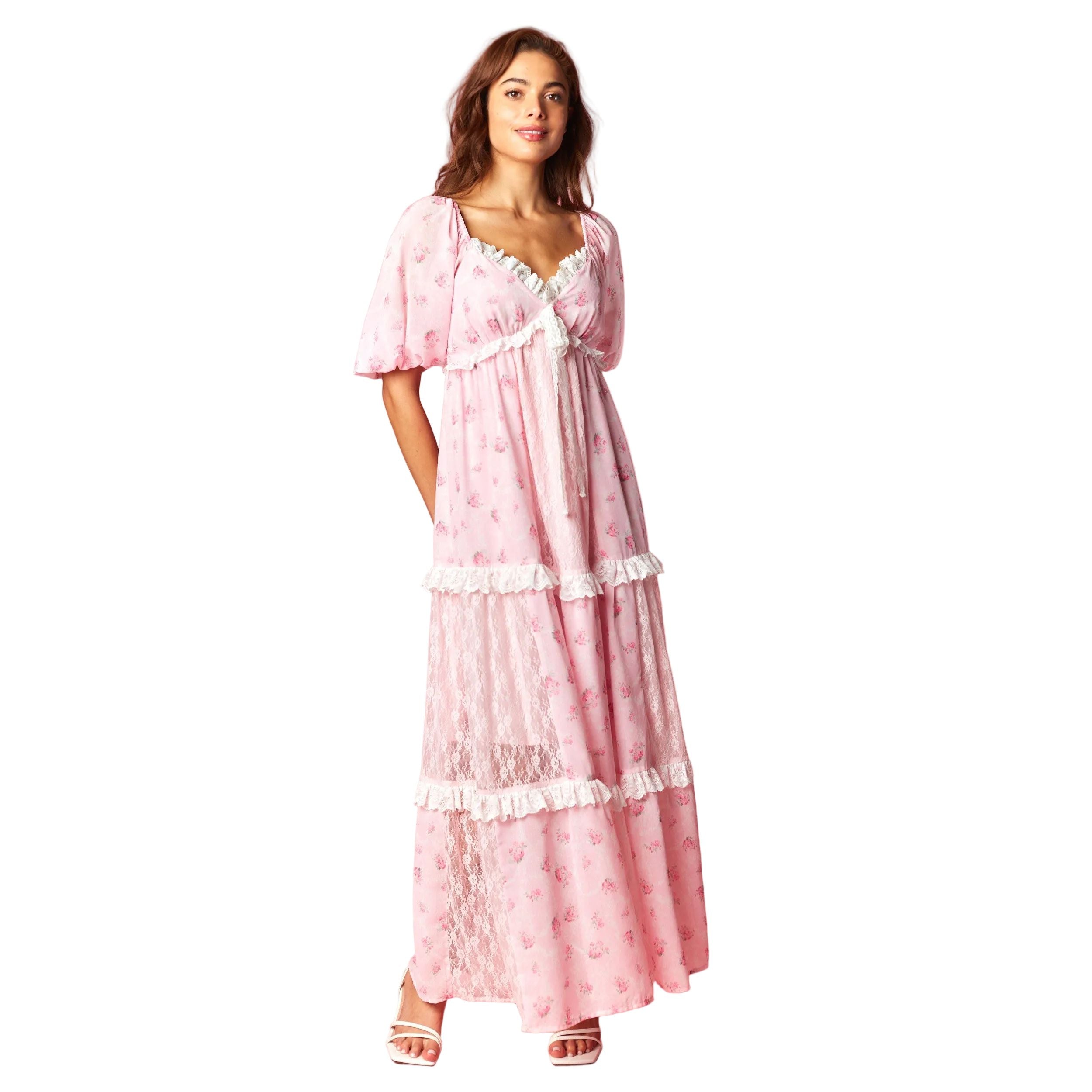 Women's Pink Vintage Rose Lace Panel Maxi Dress R30800D-01