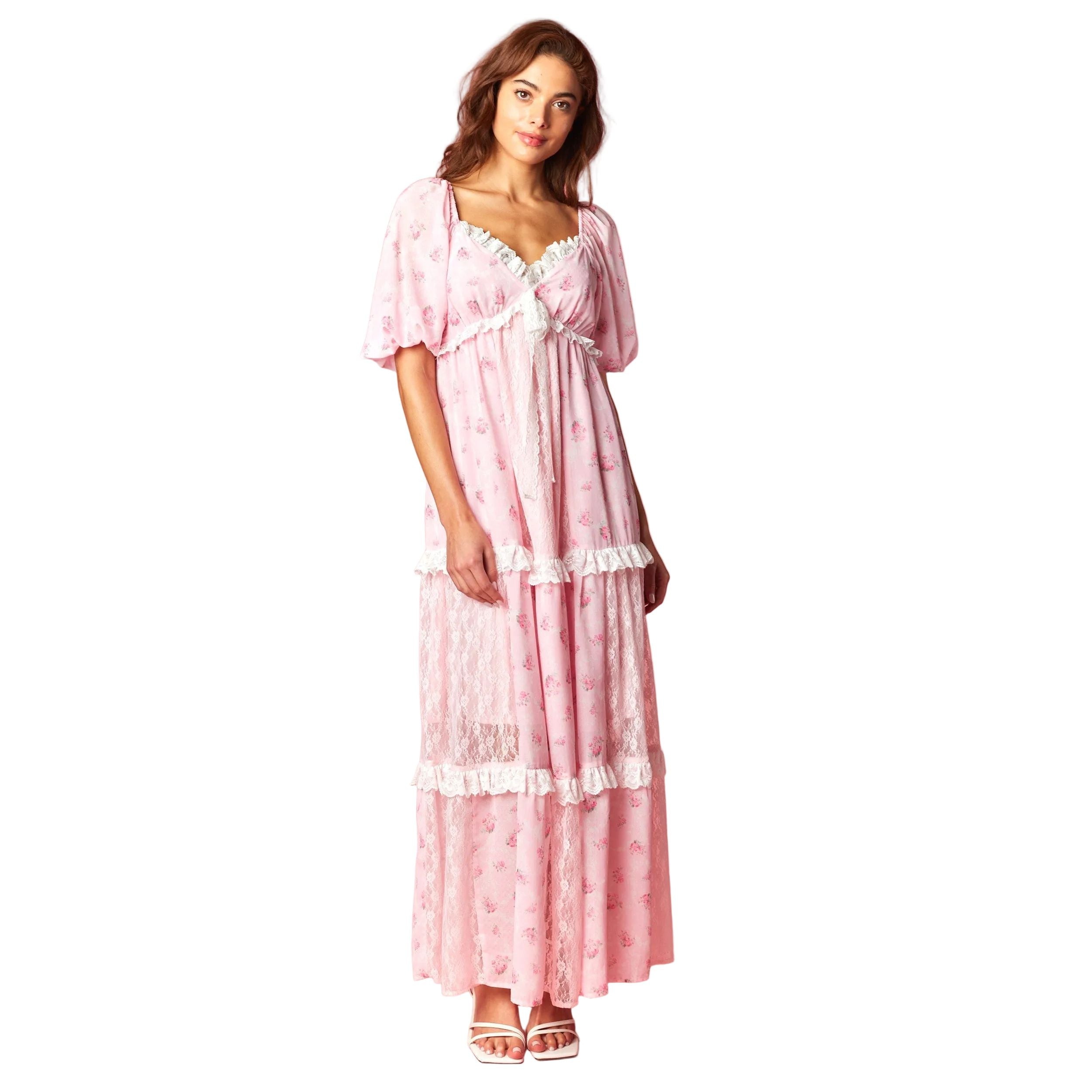 Women's Pink Vintage Rose Lace Panel Maxi Dress R30800D-01